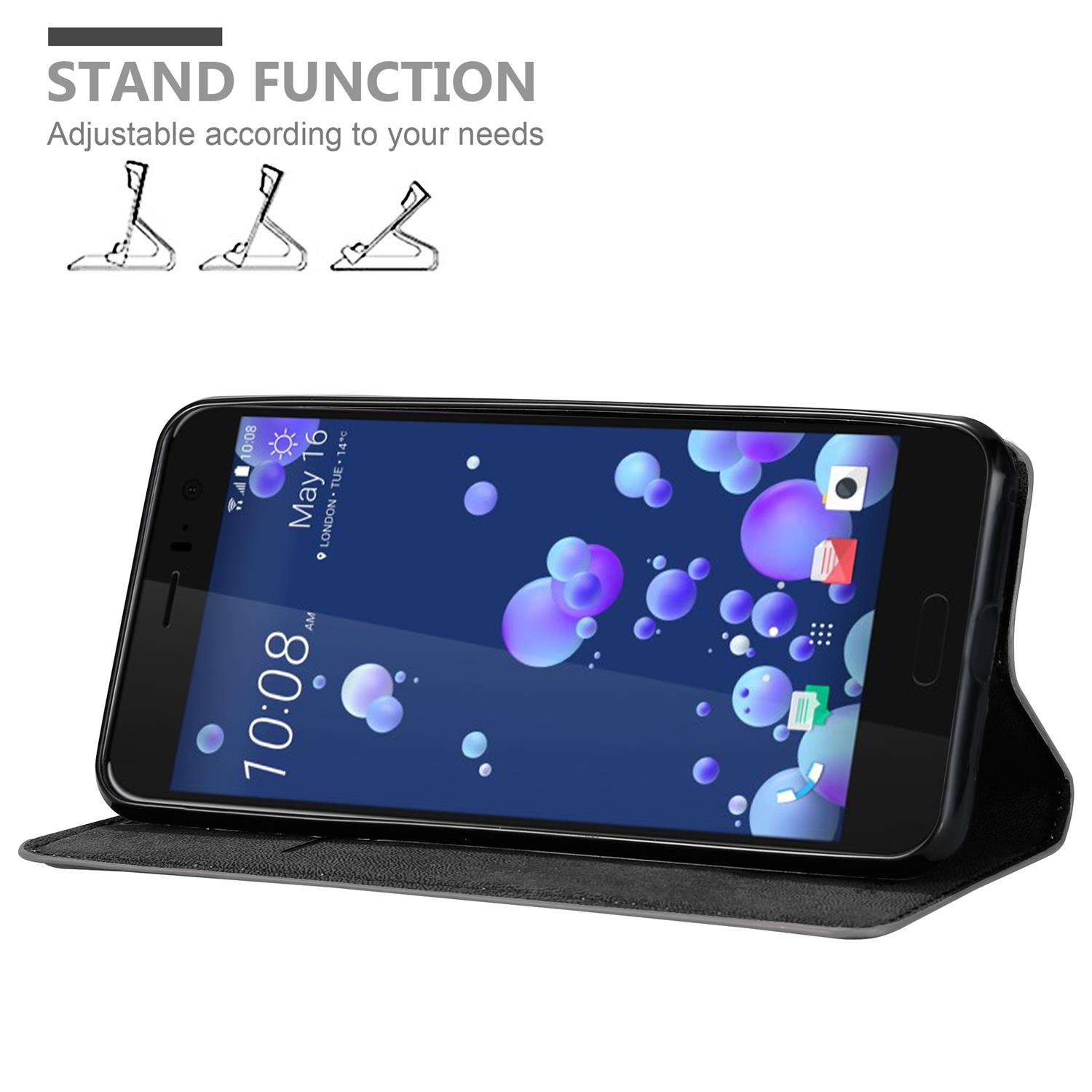 Schwarzes Telefon in einer Hülle, geöffnet, angewinkelt. Standfunktion mit drei Optionen.