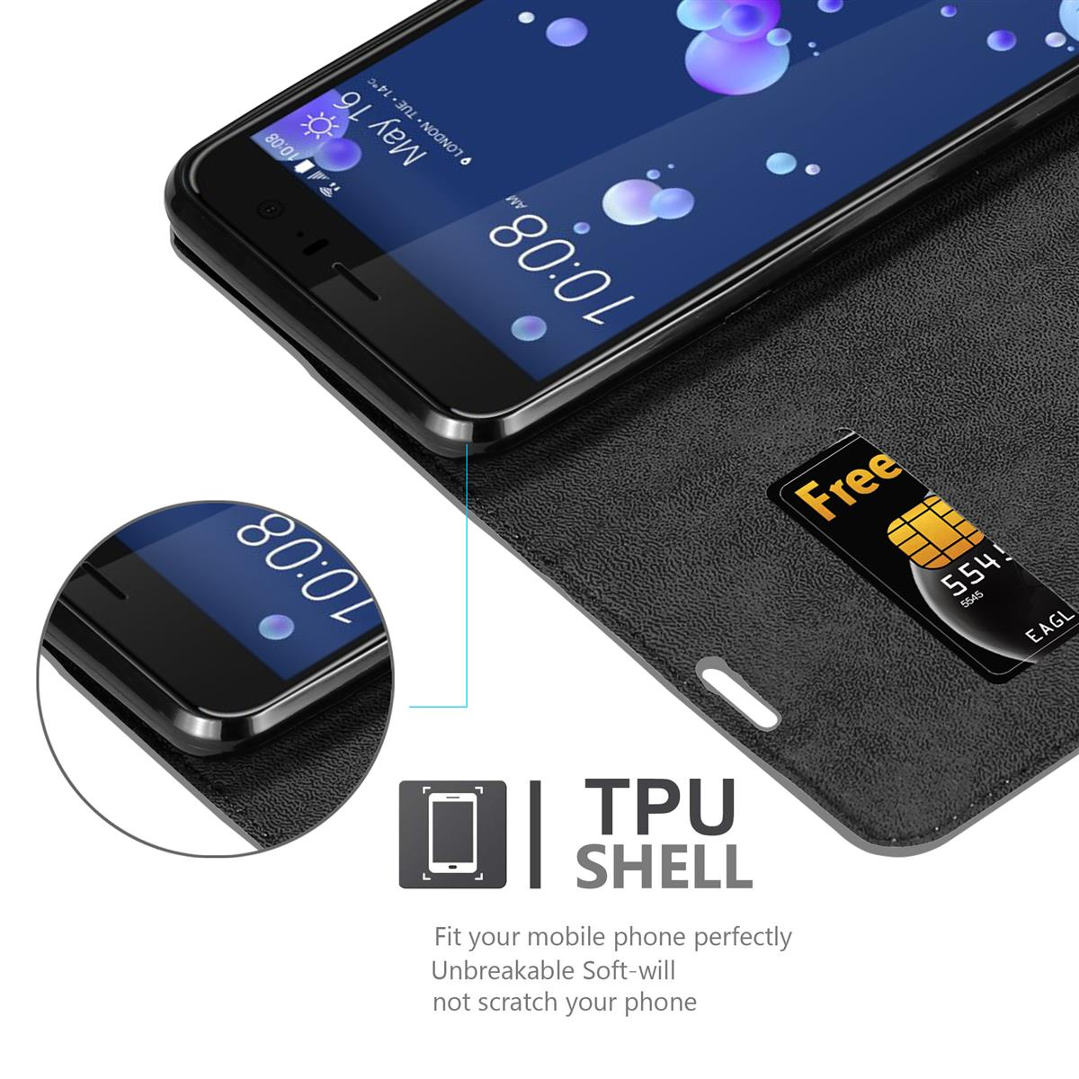 Schwarzes Telefon in einer schwarzen Hülle mit sichtbarer SIM-Karte und dem Text 'TPU SHELL'.