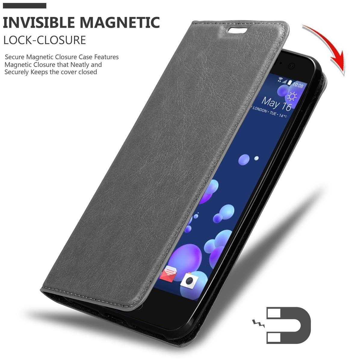 Graue Handyhülle geöffnet, zeigt Telefonbildschirm. Text auf der Hülle: Invisible Magnetic Lock-Closure.