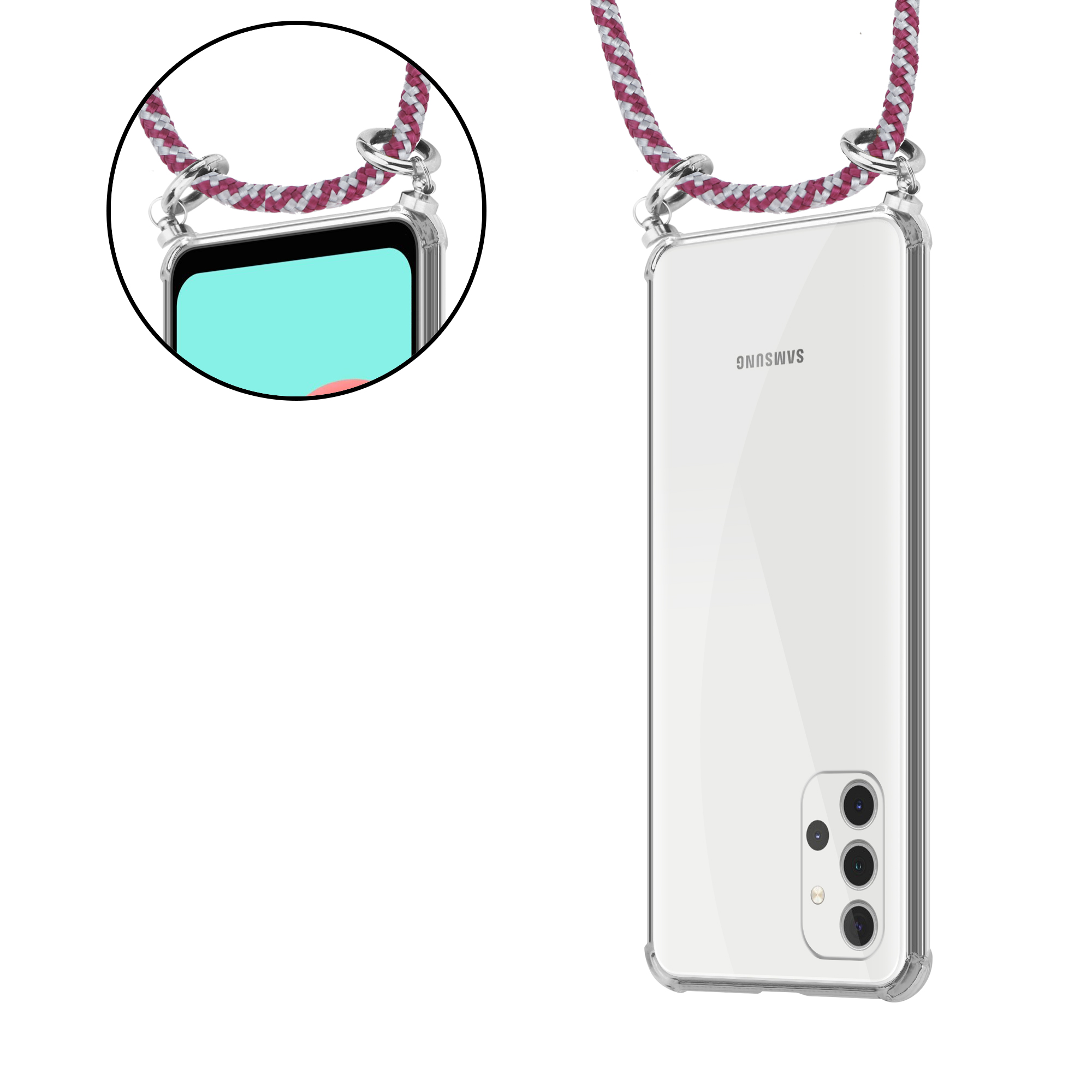 Telefon mit Lanyard und Hülle. Nahaufnahme des Telefons.