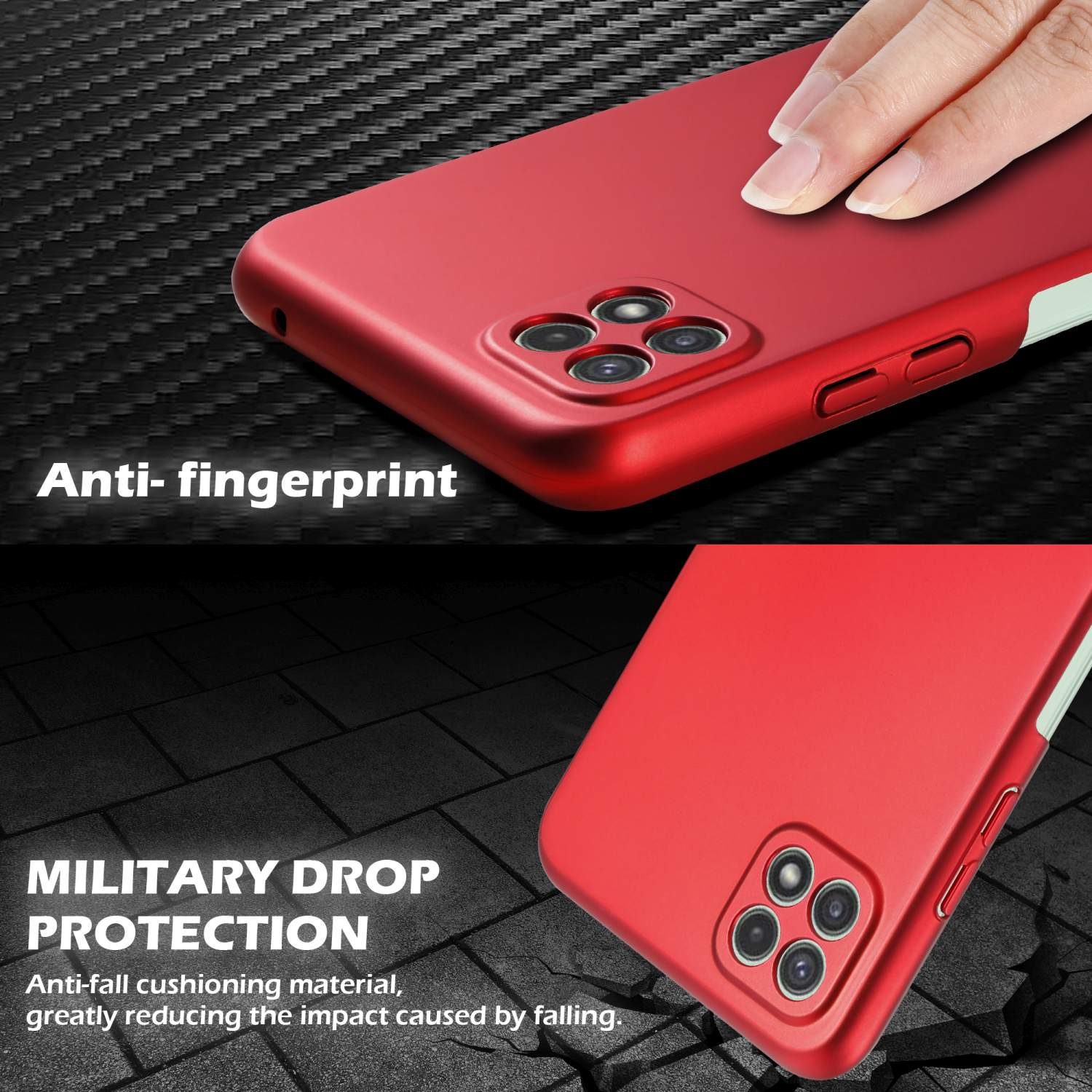 Rote Handyhülle, mit Anti-Fingerabdruck und militärischem Fallschutz, auf Steinstrukturhintergrund.