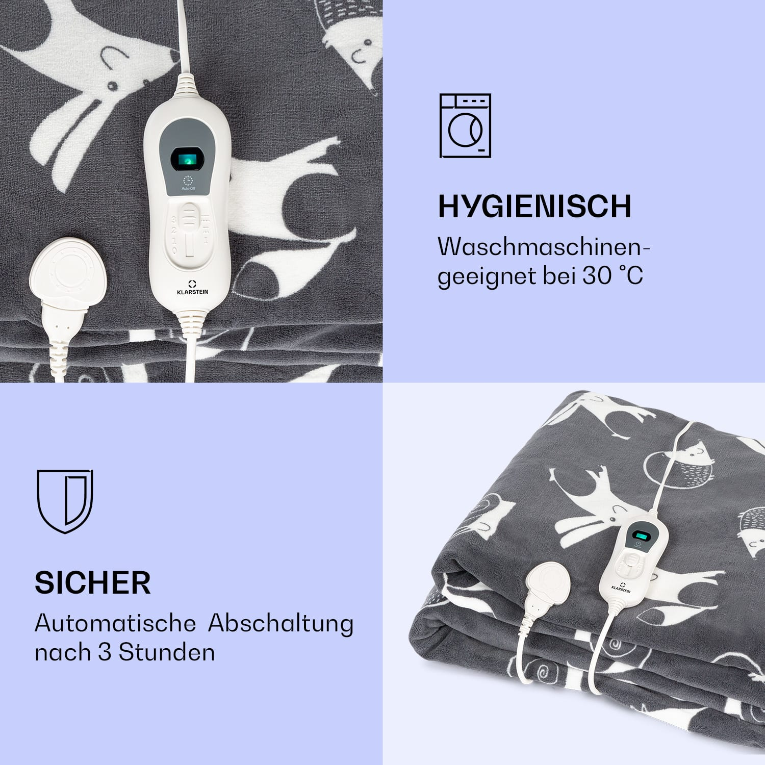 Elektrische Heizdecke, mit Bedienelementen und einer Waschmaschinen-Skizze. Die Decke ist gefaltet.