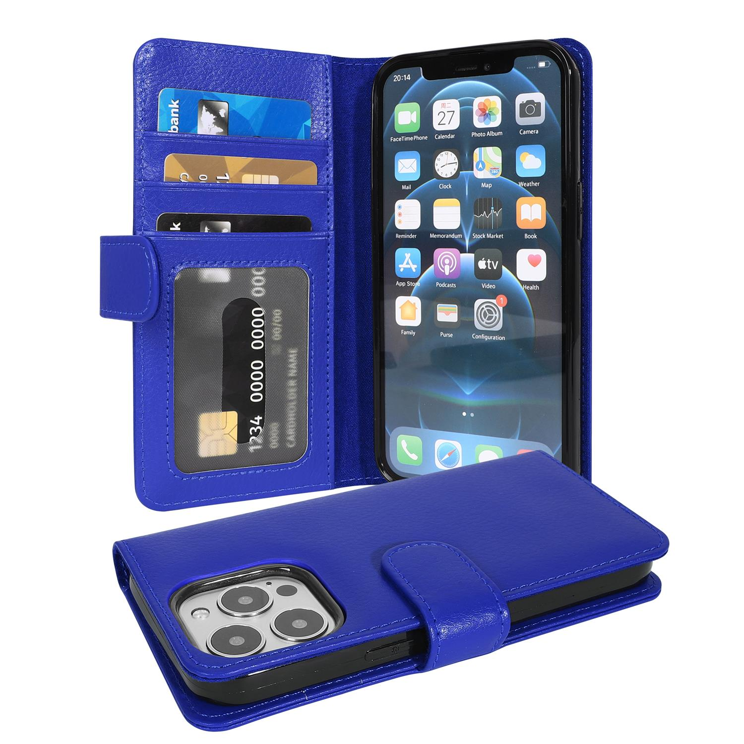 Blau geöffnete Handyhülle, zeigt Telefon mit Bildschirm, mit Karten und schwarzem Hintergrund.