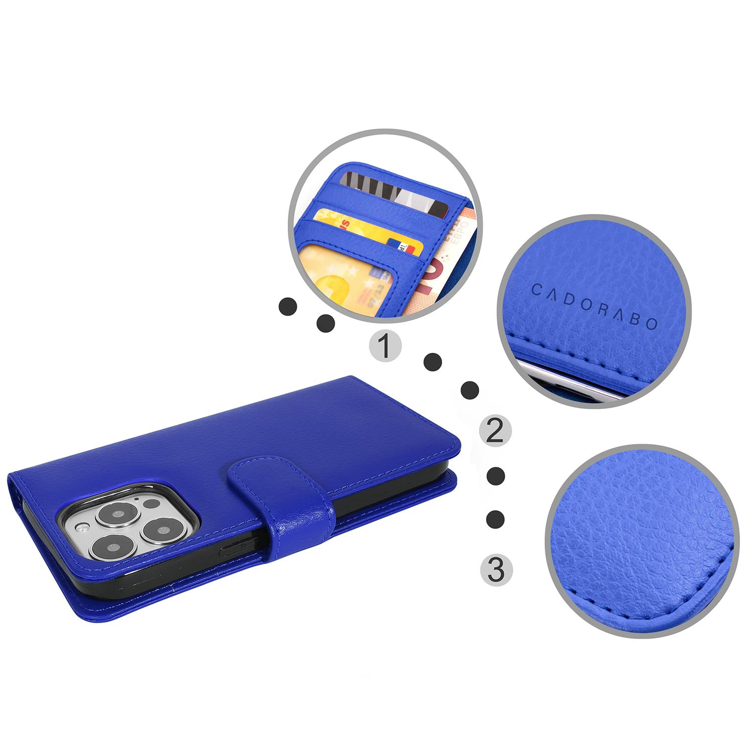 Blaue Handyhülle mit Handy und Kreditkarten. Nahaufnahmen zeigen Details.