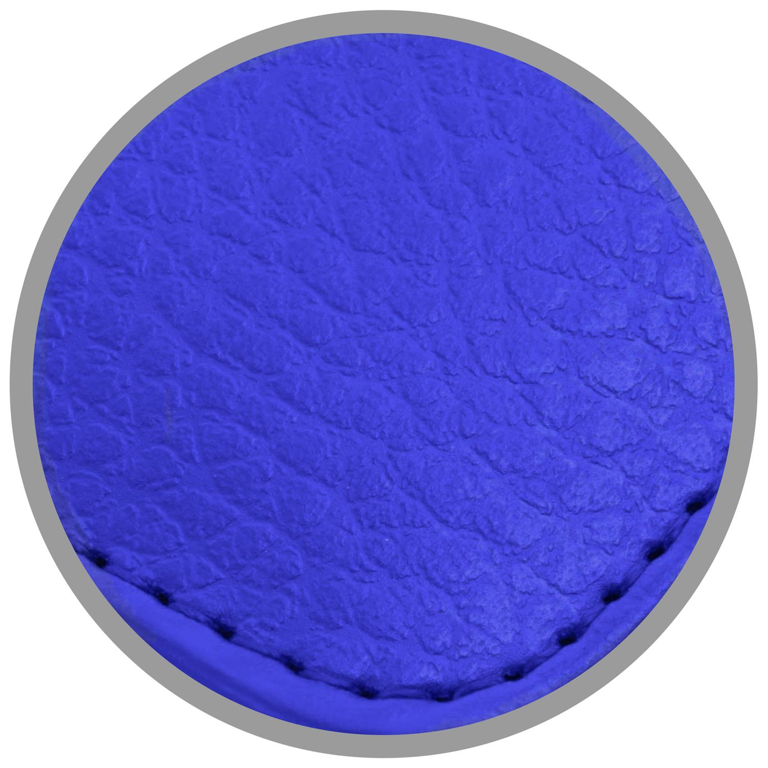 Nahaufnahme einer blauen Lederstruktur in einem Kreis. Grauer Rand, Stiche sichtbar.