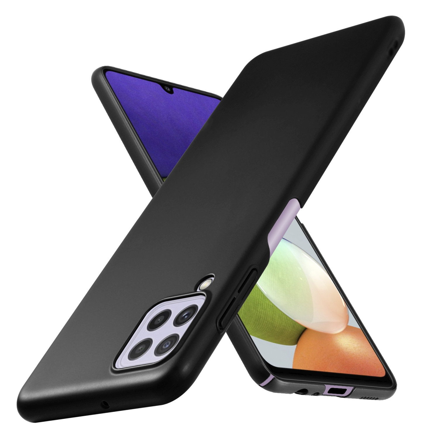 Schwarze Handyhülle mit zwei Telefonen. Ein Telefon zeigt einen bunten Bildschirm.