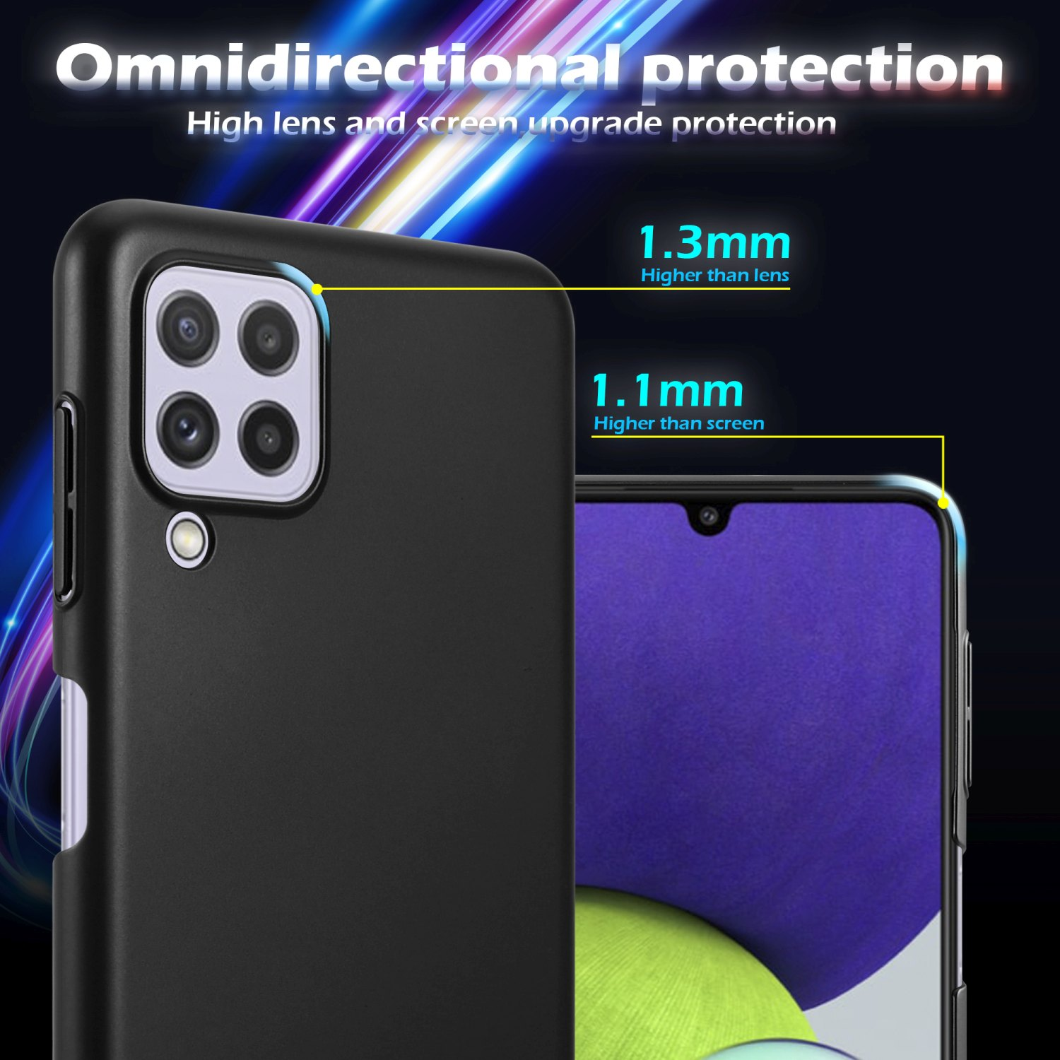 Eine schwarze Handyhülle auf einem Telefon, mit Text, der den Schutz von Linse und Bildschirm anzeigt.