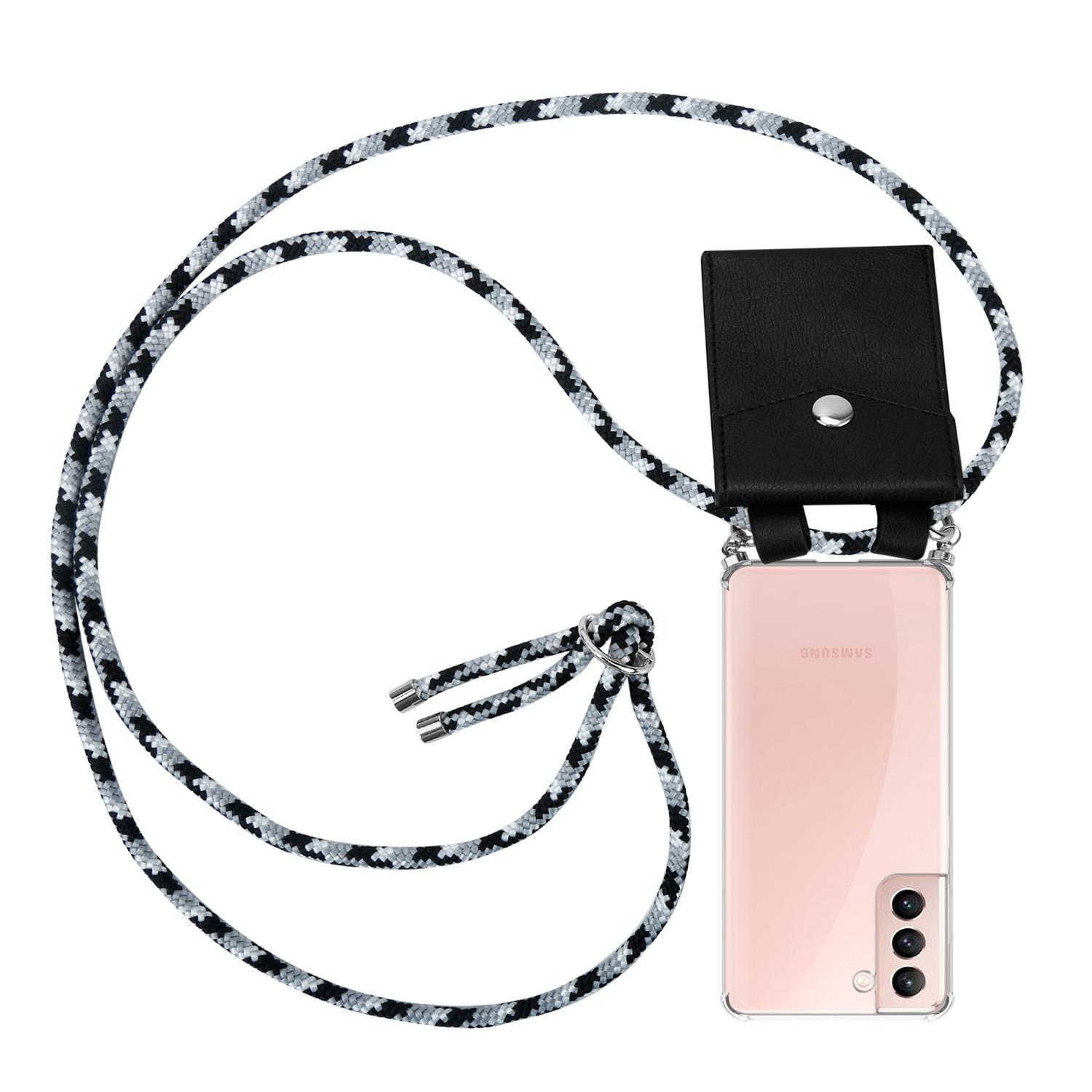 Schwarzes Telefon mit schwarzer Hülle und Seil.