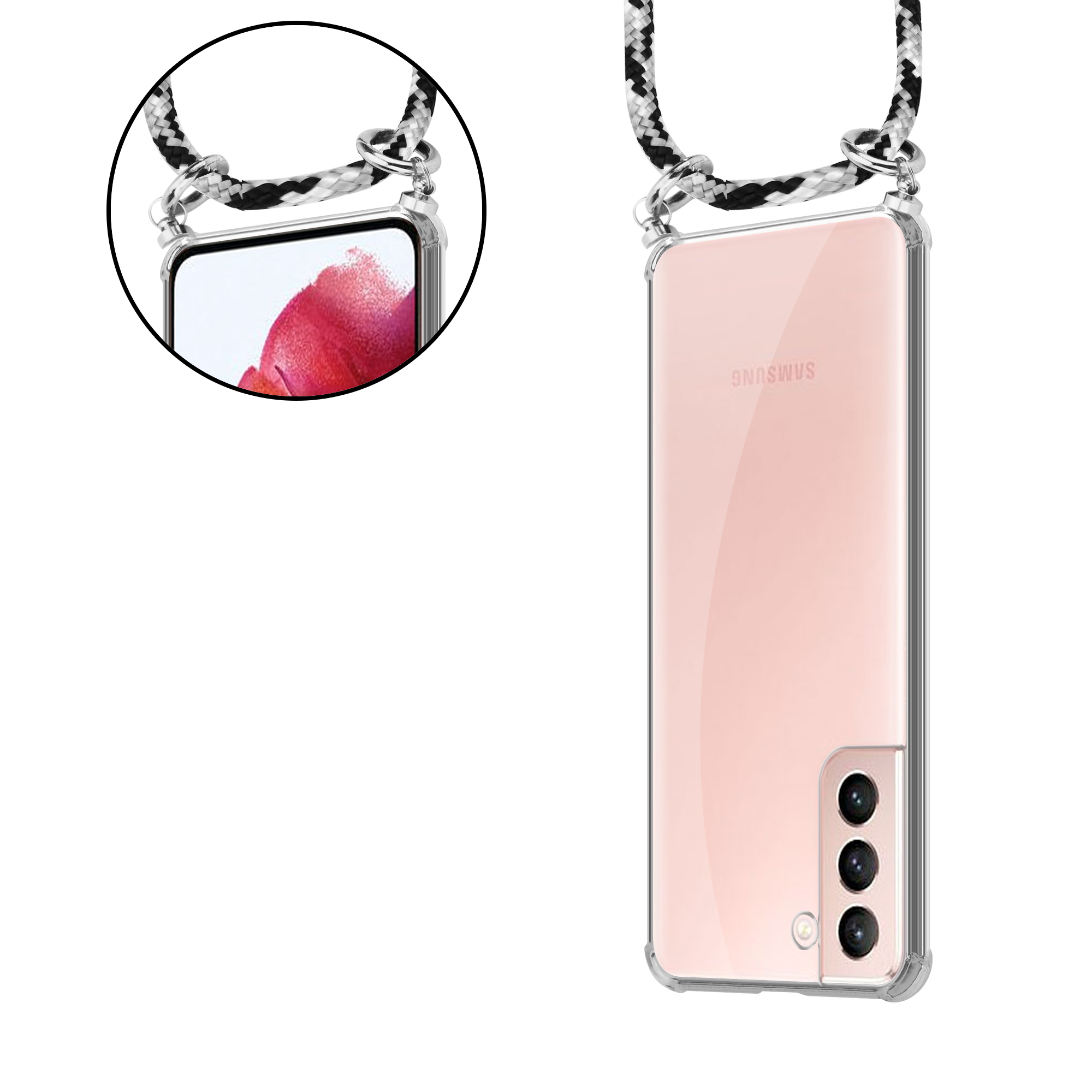 Transparente Handyhülle mit Lanyard, schwarz-weißem Seil.