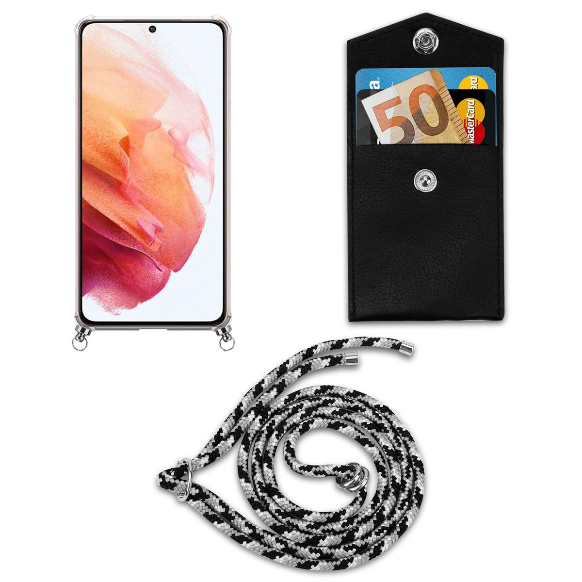 Telefon und schwarzes Etui mit Kartenfächern und einem schwarz-weißen Riemen.