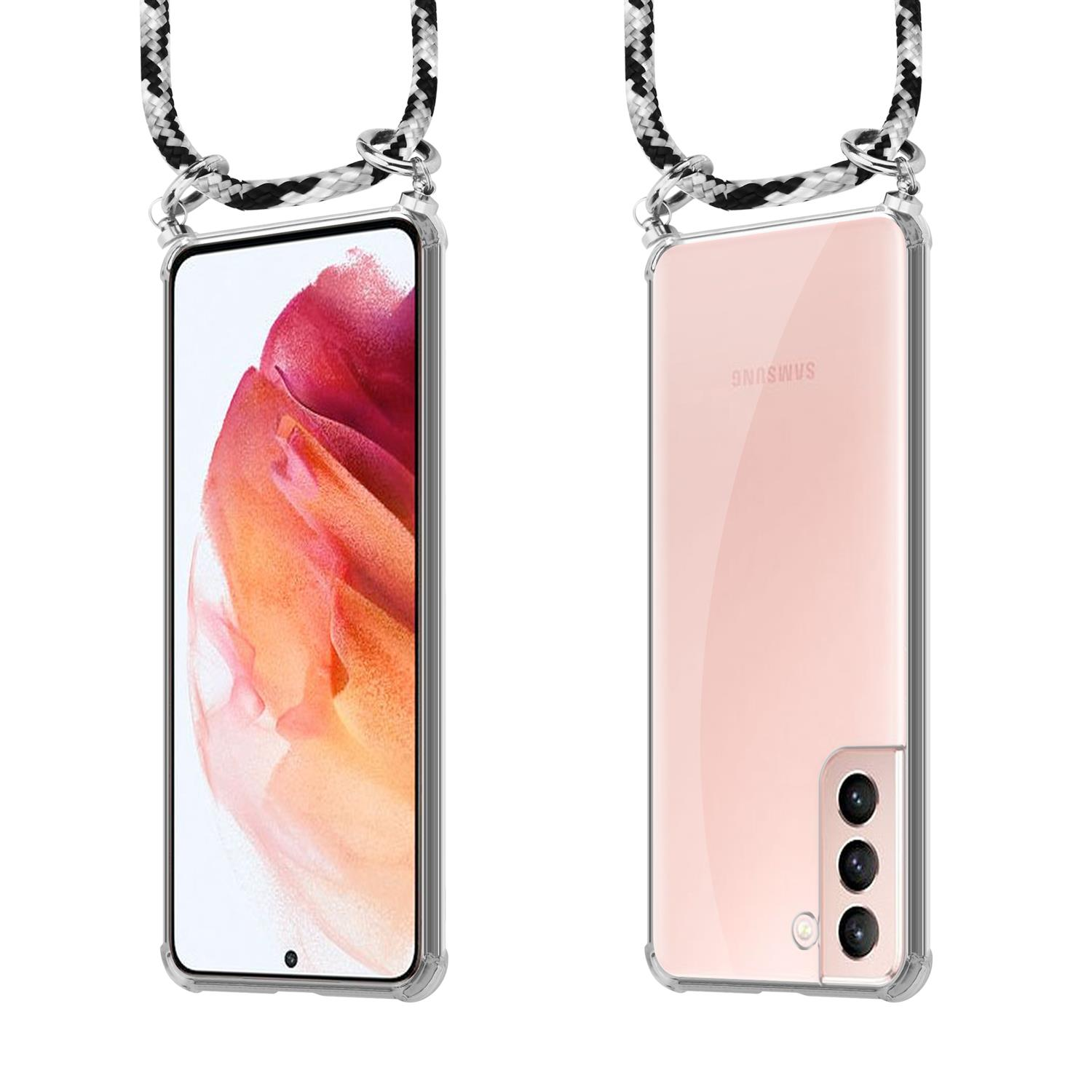 Zwei Telefone, eines vorne und eines hinten, mit einem Schlüsselband. Weißer Hintergrund.
