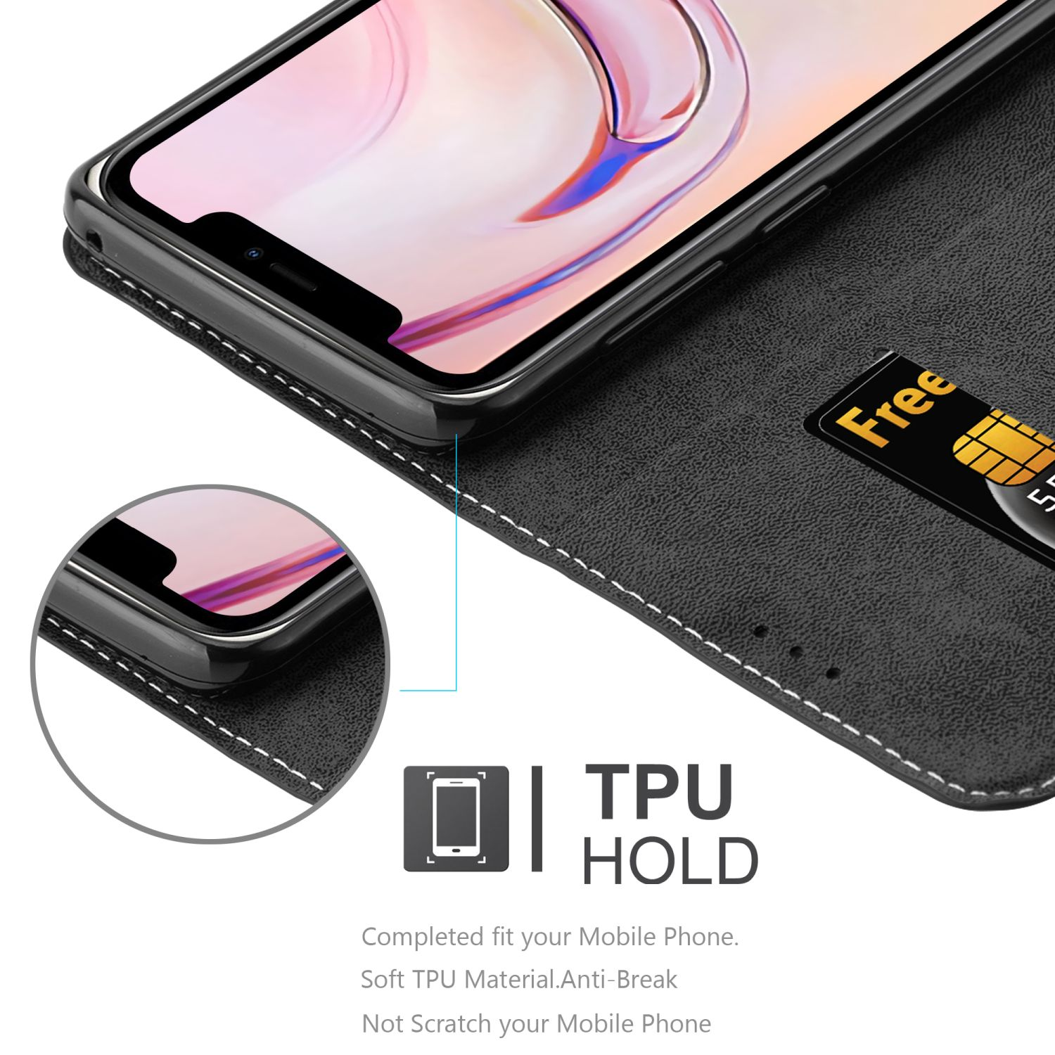 Un étui de téléphone noir avec une fonction portefeuille et un téléphone avec une carte à l'intérieur, maintien TPU.