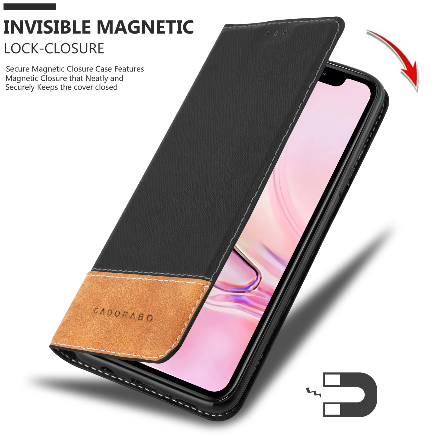Coque de téléphone noire avec accent marron et téléphone. Texte : INVISIBLE MAGNETIC LOCK-CLOSURE, avec aimant.