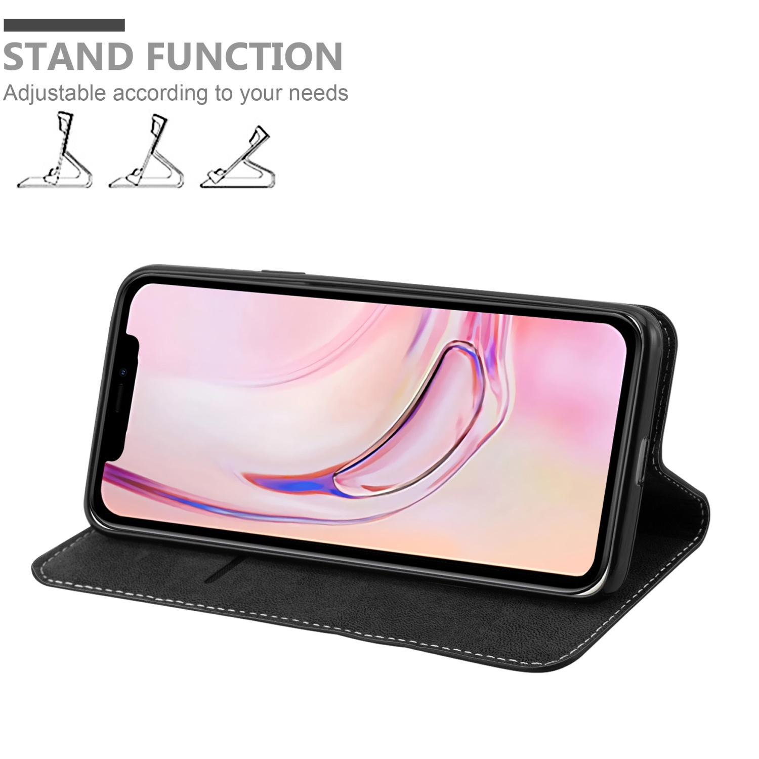 Téléphone noir dans étui noir, écran avec image rose, options de fonction support.