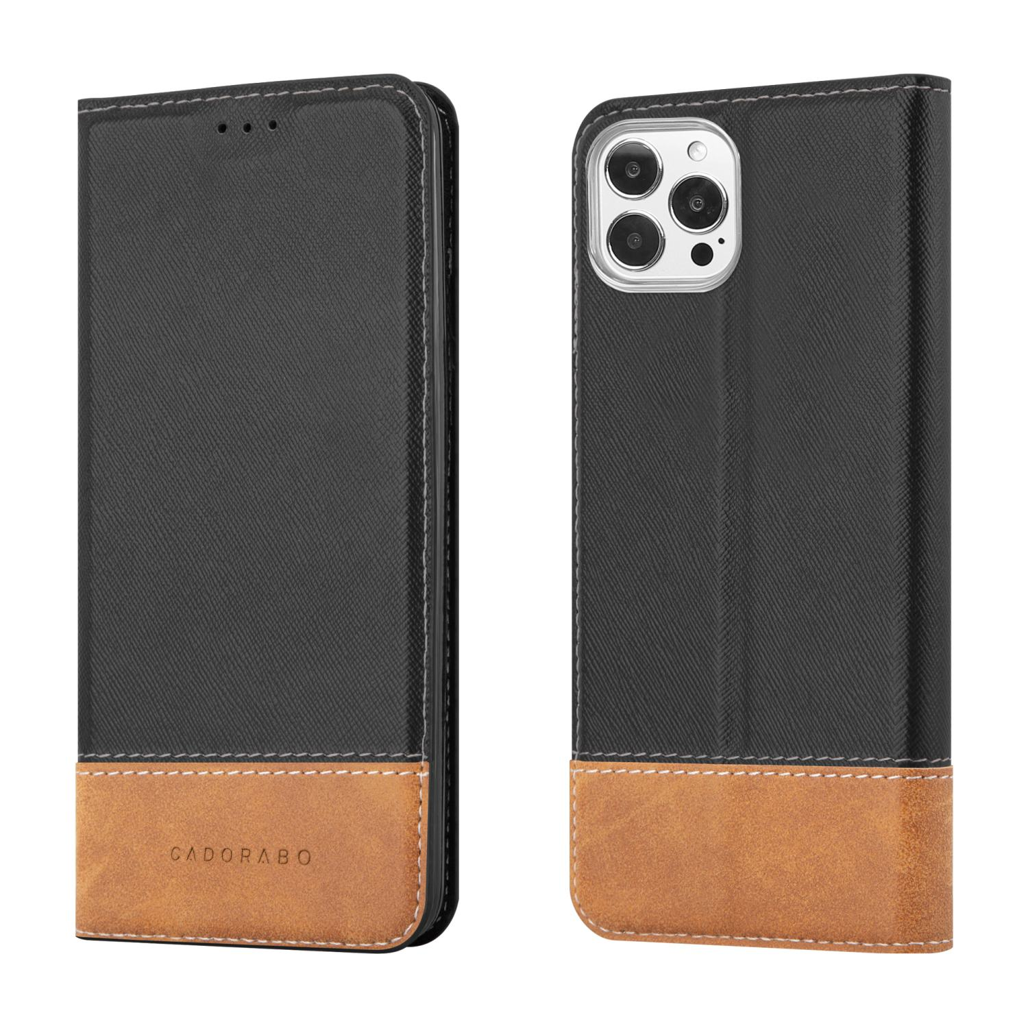Étui de téléphone noir et marron avec une texture cuir, ouvert pour révéler le téléphone.