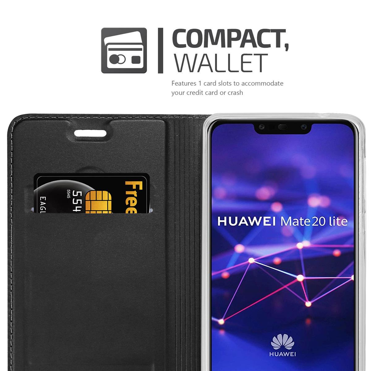 Handyhülle mit Kartenfächern und ein Telefon, das das Huawei-Logo zeigt. Schwarz und weiß.