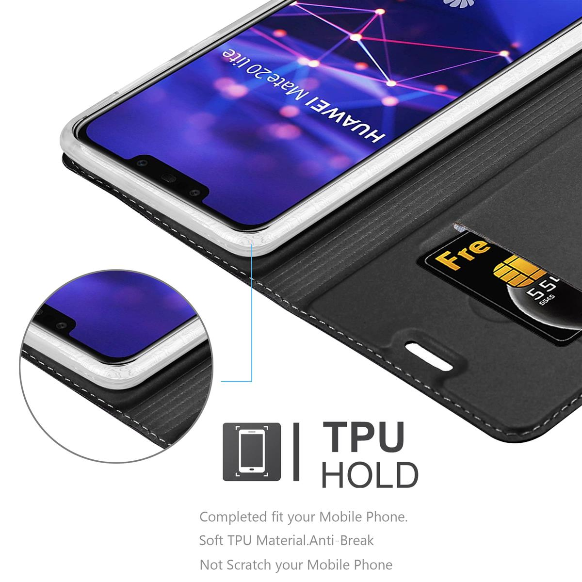 Eine Telefonhülle, die ein Telefon mit SIM-Karte, TPU-Halterung und Telefonnamen zeigt.