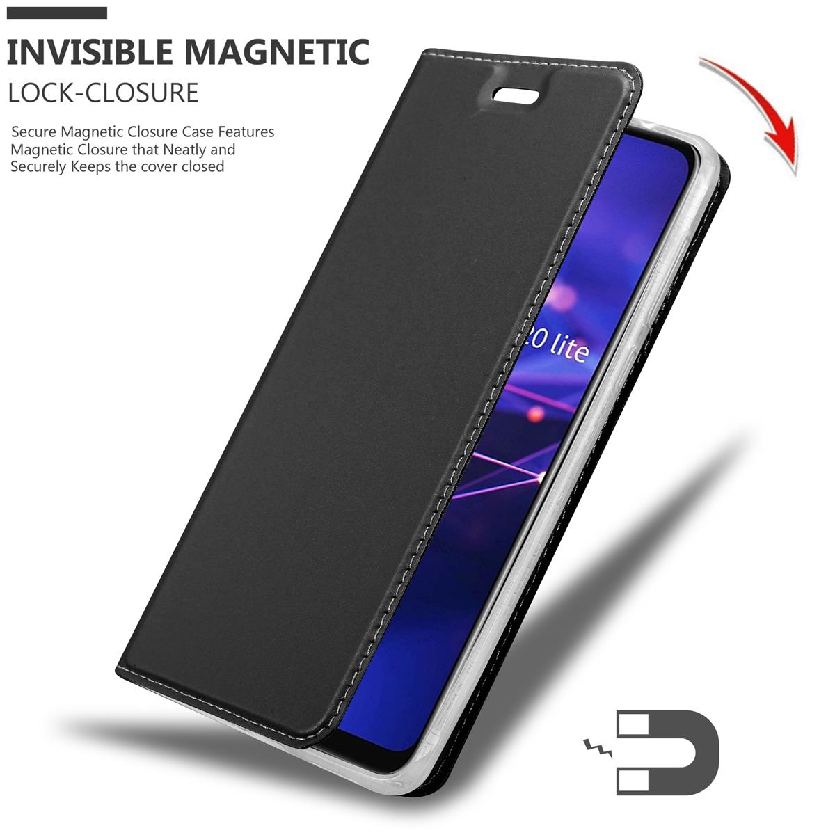 Schwarze Handyhülle mit Telefon, geöffnet. Merkmale magnetischer Verschluss.