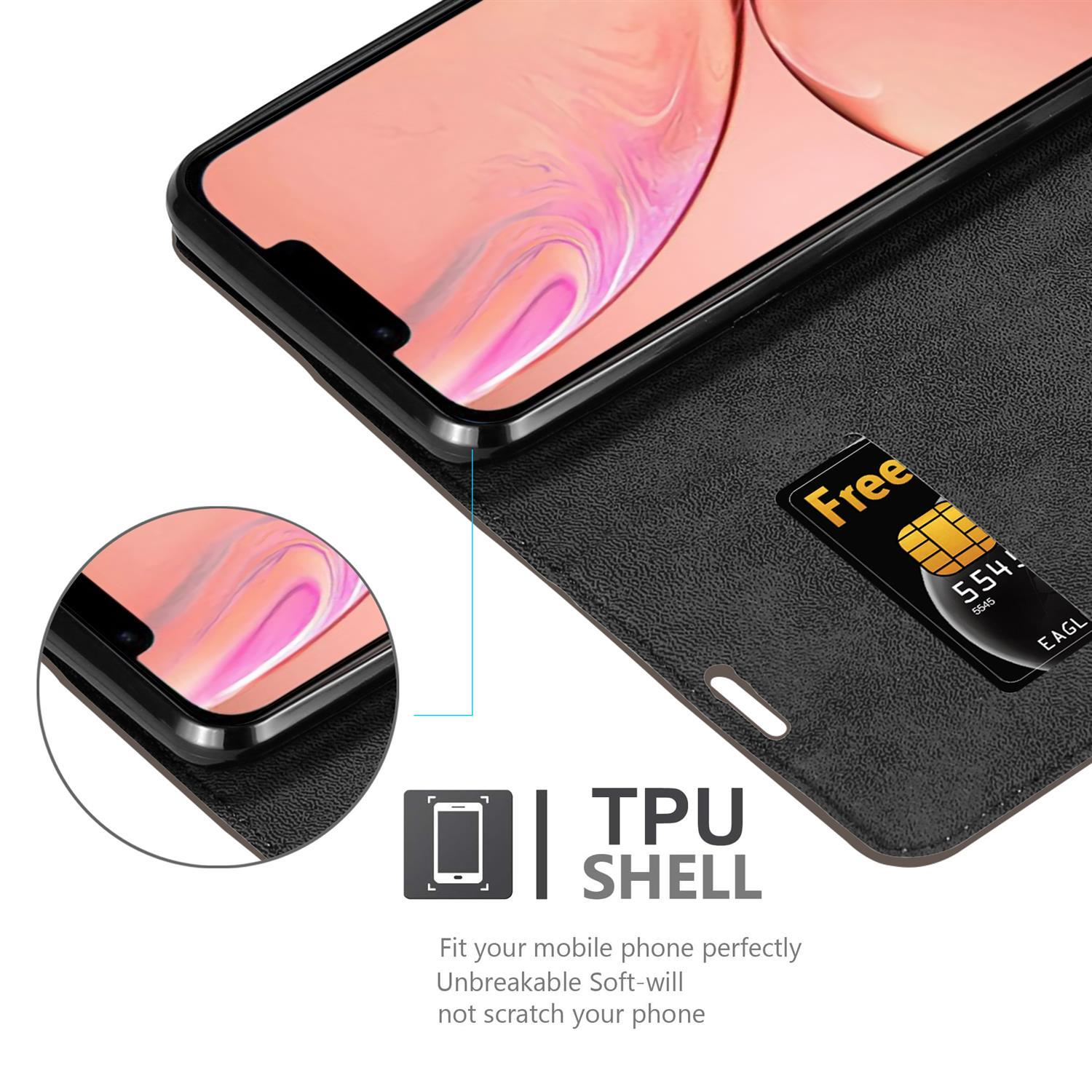 Schwarze Handyhülle offen, mit Telefon und Karte. Text: TPU-Schale, weich, kratzfrei.