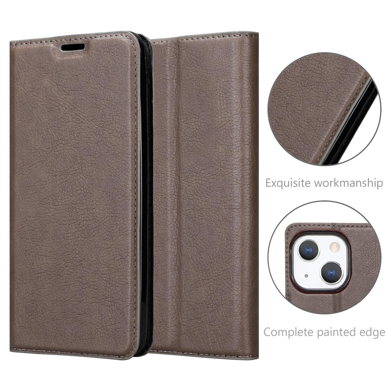 Eine braune Leder-Handyhülle, offen und geschlossen, mit Details zu Nähten und abgerundeten Kanten.