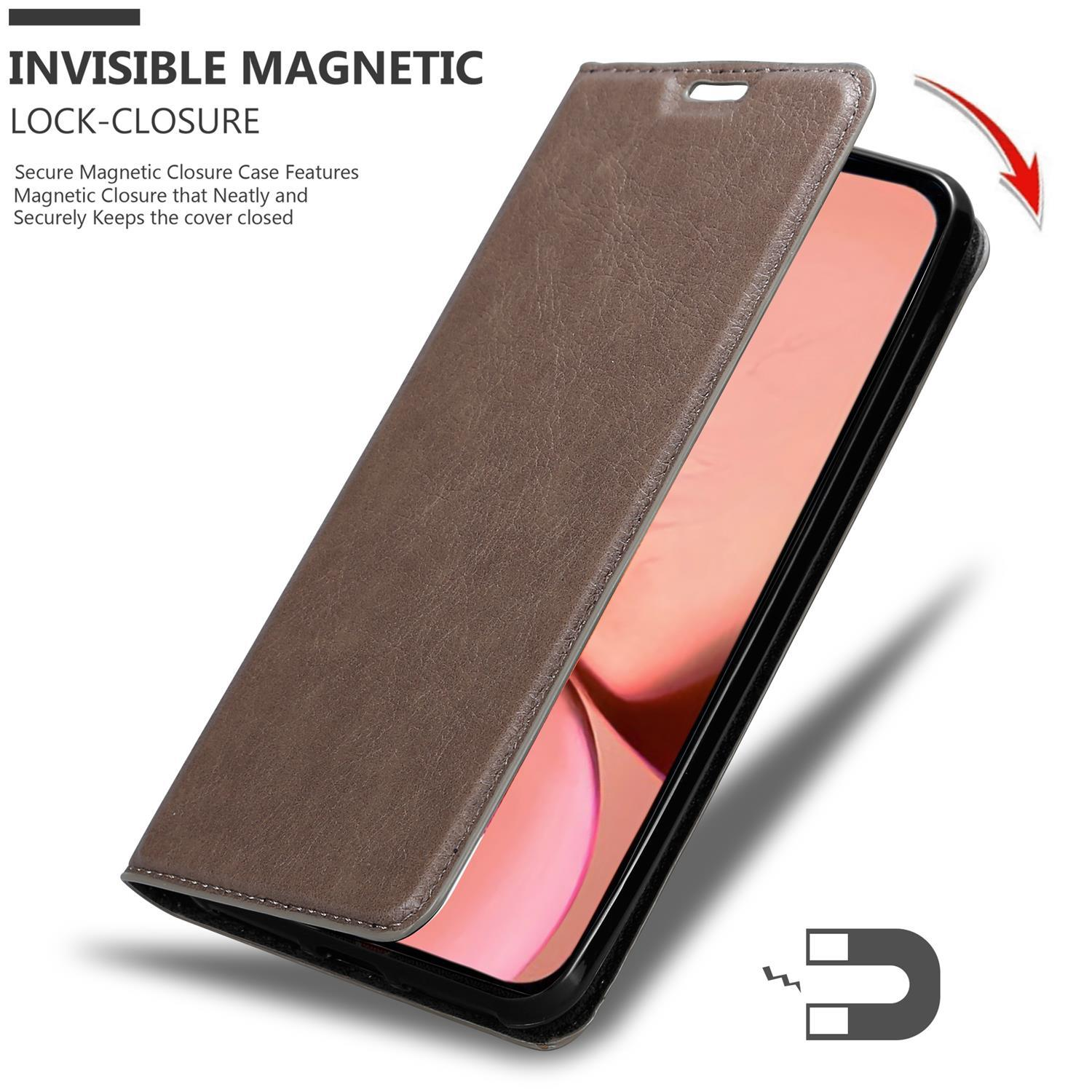 Telefonhülle mit Magnetverschluss, braune Farbe. Geöffnet, um das Telefon zu zeigen.
