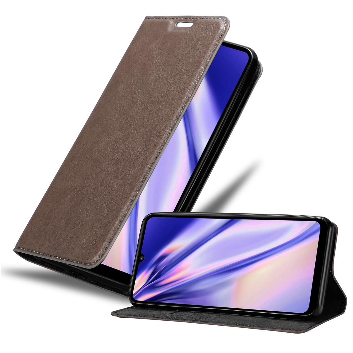 Geöffnete braune Handyhülle, die das Telefon und ein zweites Telefon zeigt.