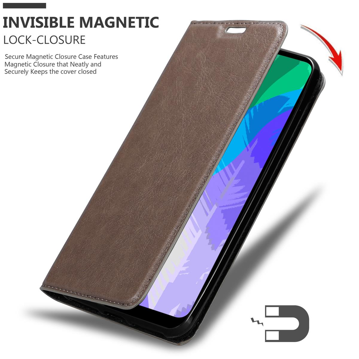 Braune Handyhülle mit Magnetverschluss. Telefon teilweise sichtbar. Zeigt Details der Hülle.
