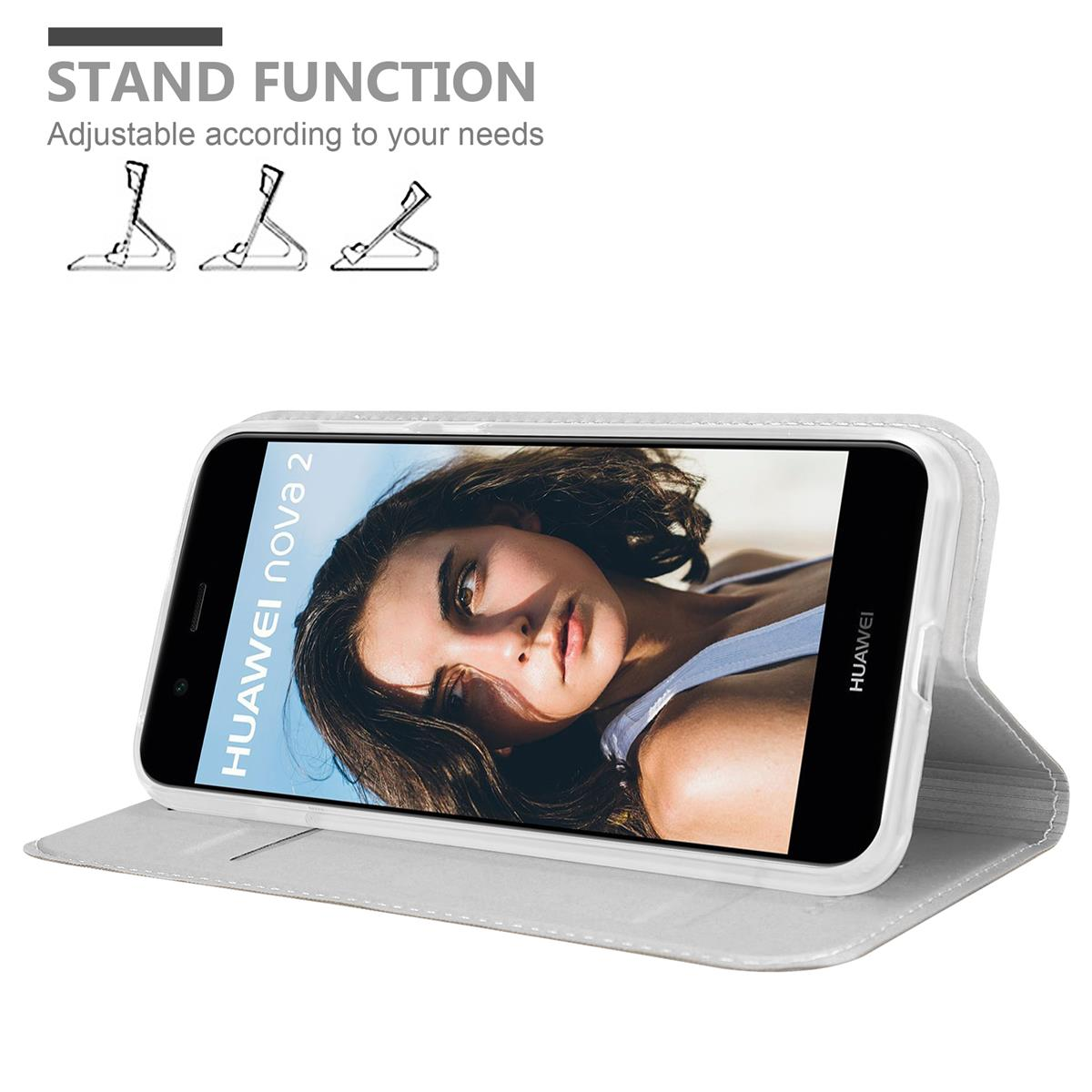 Eine weiße Handyhülle mit einem Telefon darin. Die Hülle ist offen und zeigt den Bildschirm.