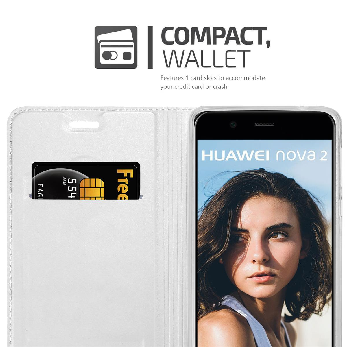 Weiße Handyhülle mit Kartenfach und Handy mit Frauengesicht auf dem Bildschirm.