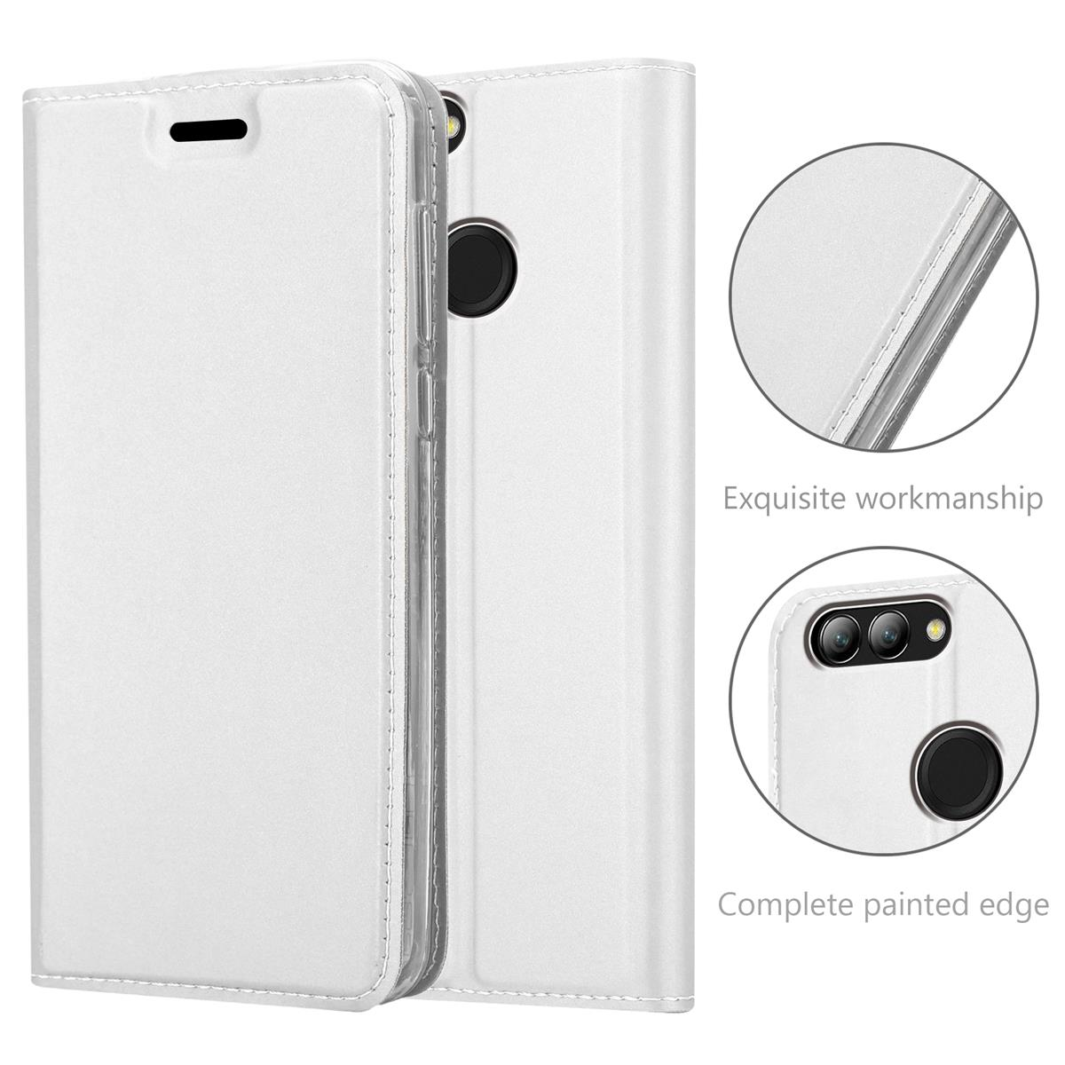 Telefon in einer Hülle, zeigt einen Bildschirm mit orangem Design. Die Hülle kann in verschiedenen Winkeln stehen.