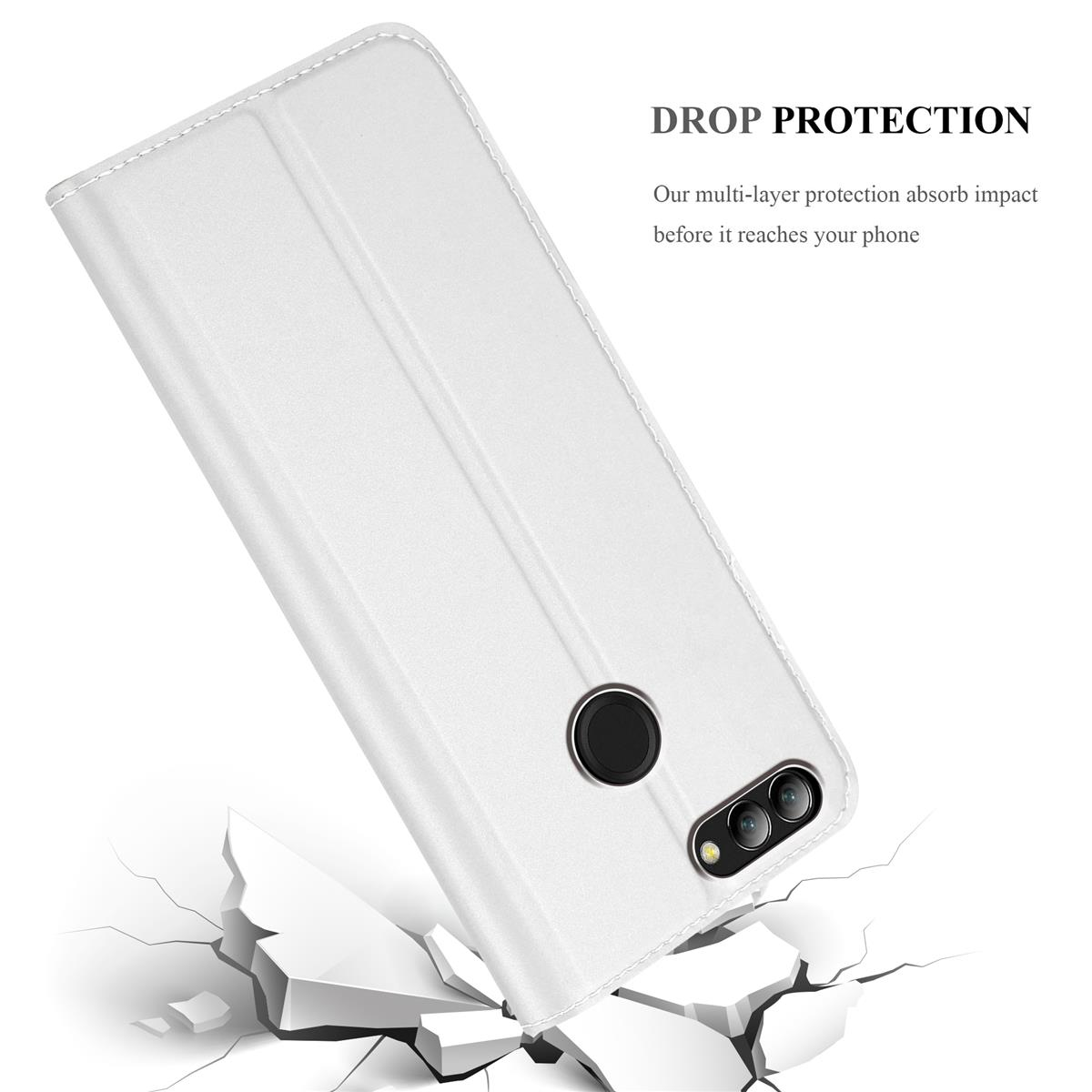 Weiße Handyhülle schützt ein Telefon. Text: DROP PROTECTION. Zerbrochener Boden im Vordergrund.