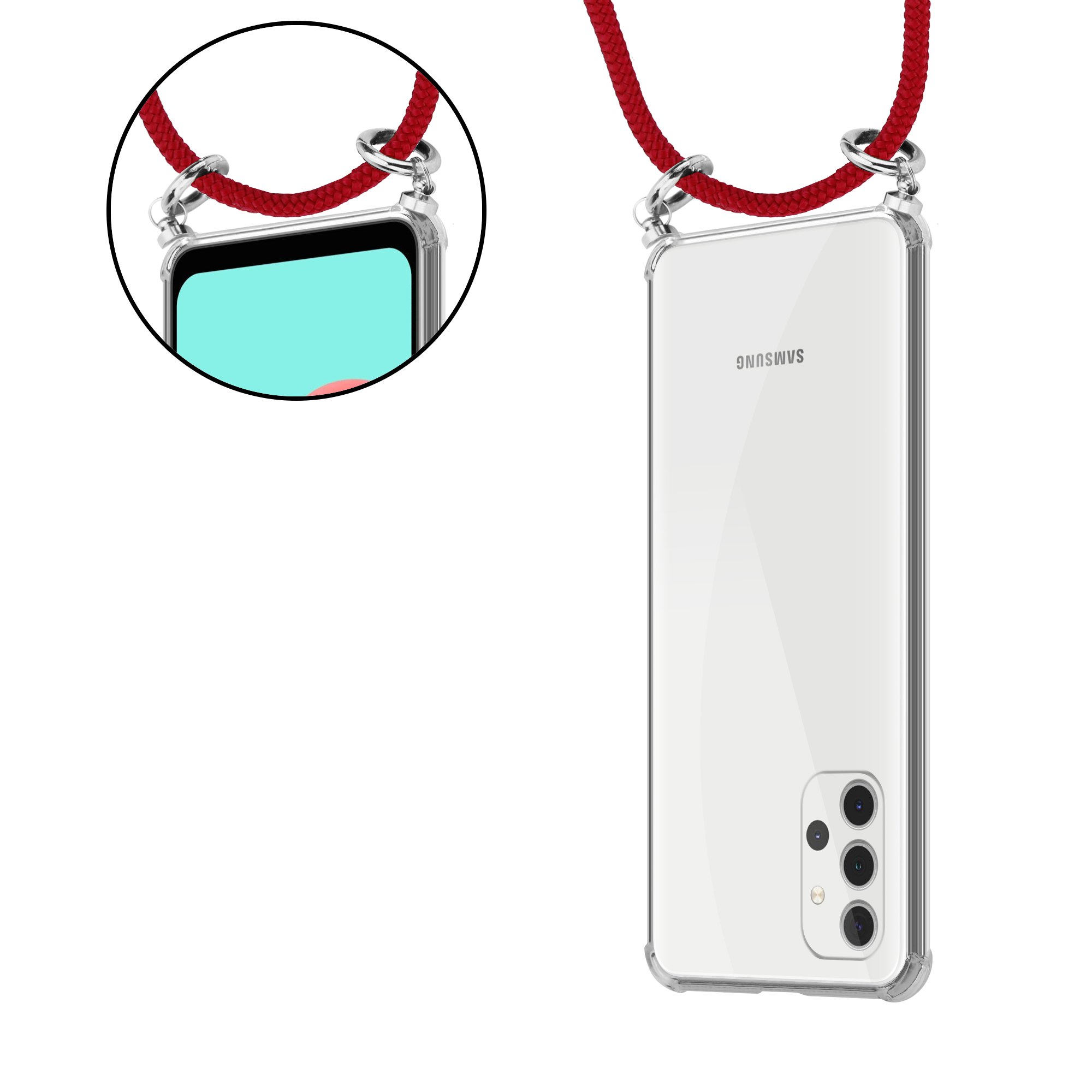 Transparente Handyhülle mit rotem Umhängeband, Telefonbildschirm sichtbar.
