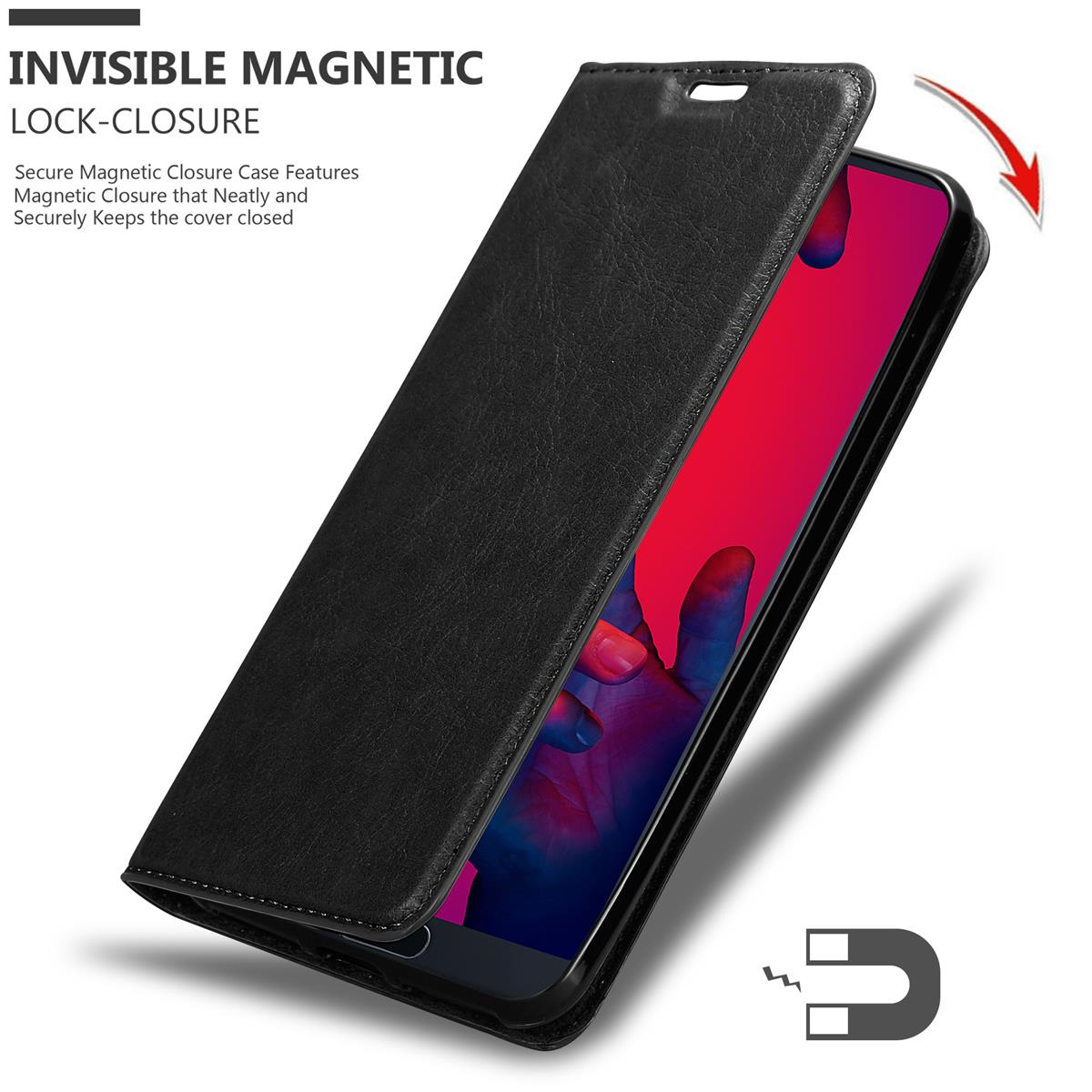 Schwarze Handyhülle mit Telefon im Inneren. Die Hülle hat einen Magnetverschluss. Roter und blauer Bildschirm.