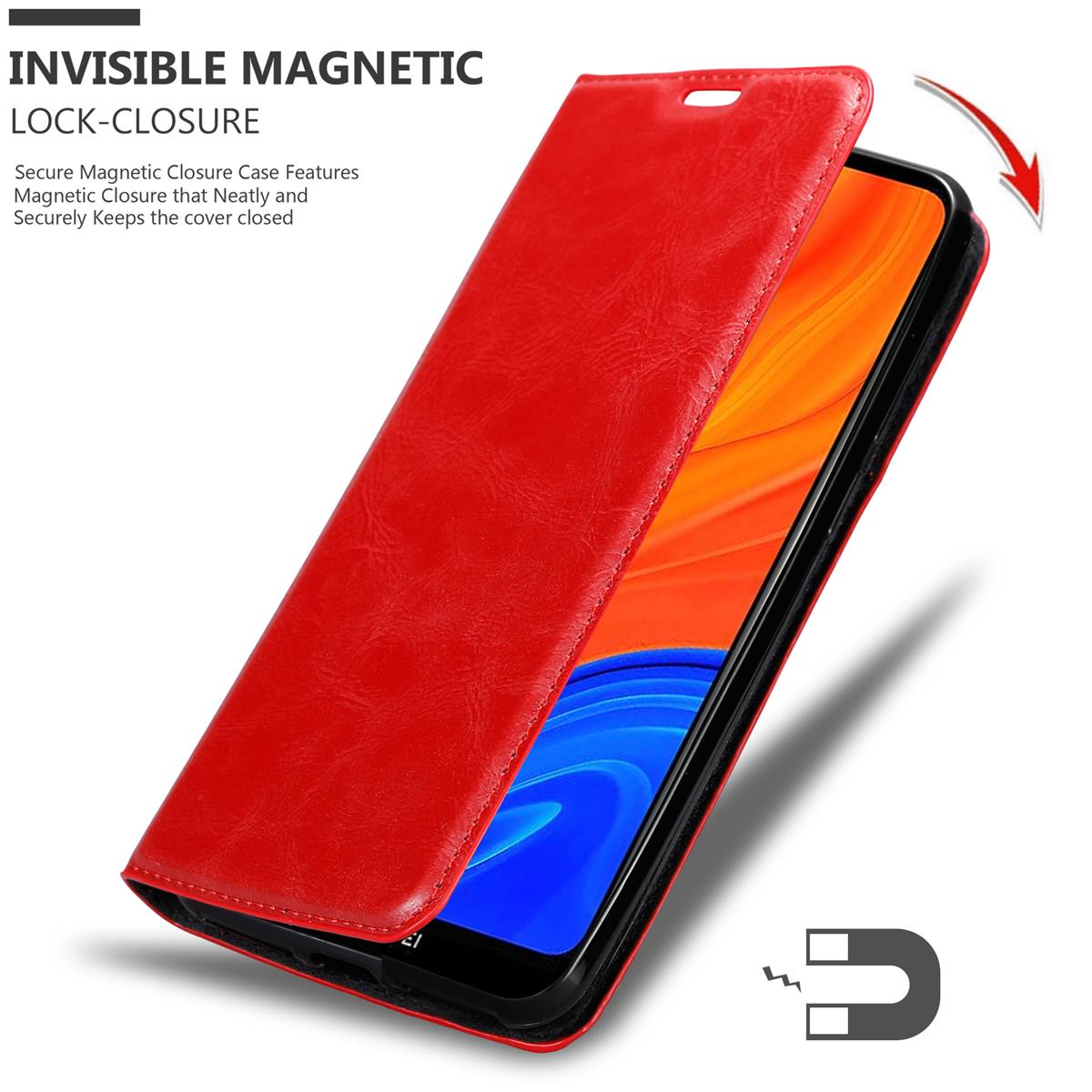 Rote Handyhülle geöffnet, zeigt ein Telefon. Die Hülle hat einen Magnetverschluss.