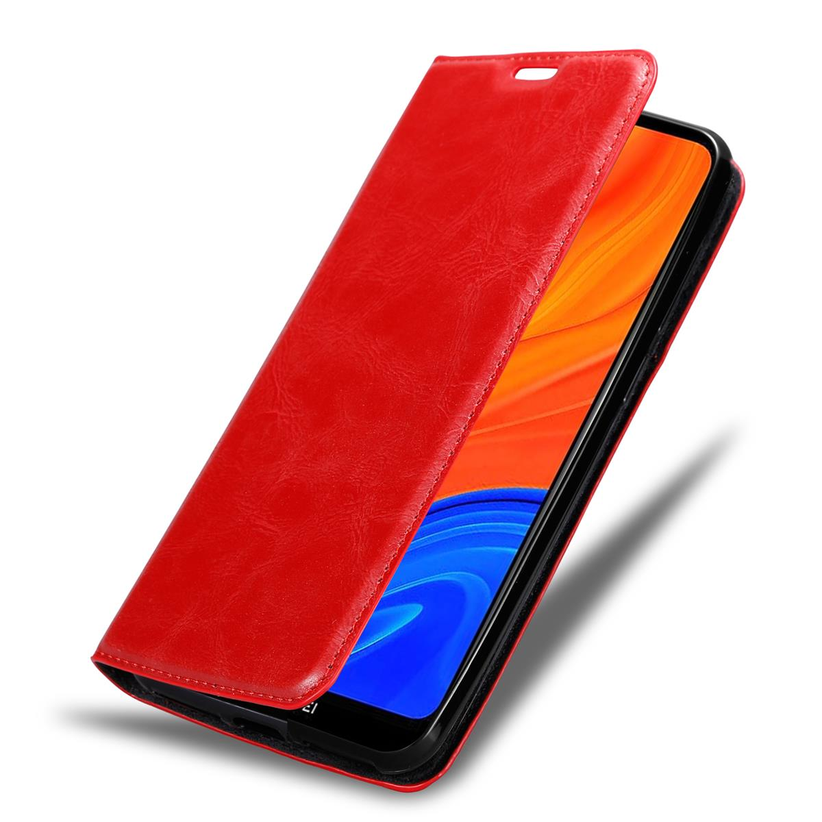 Rote Handyhülle, teilweise geöffnet, zeigt Telefon mit orange-blauem Bildschirm.