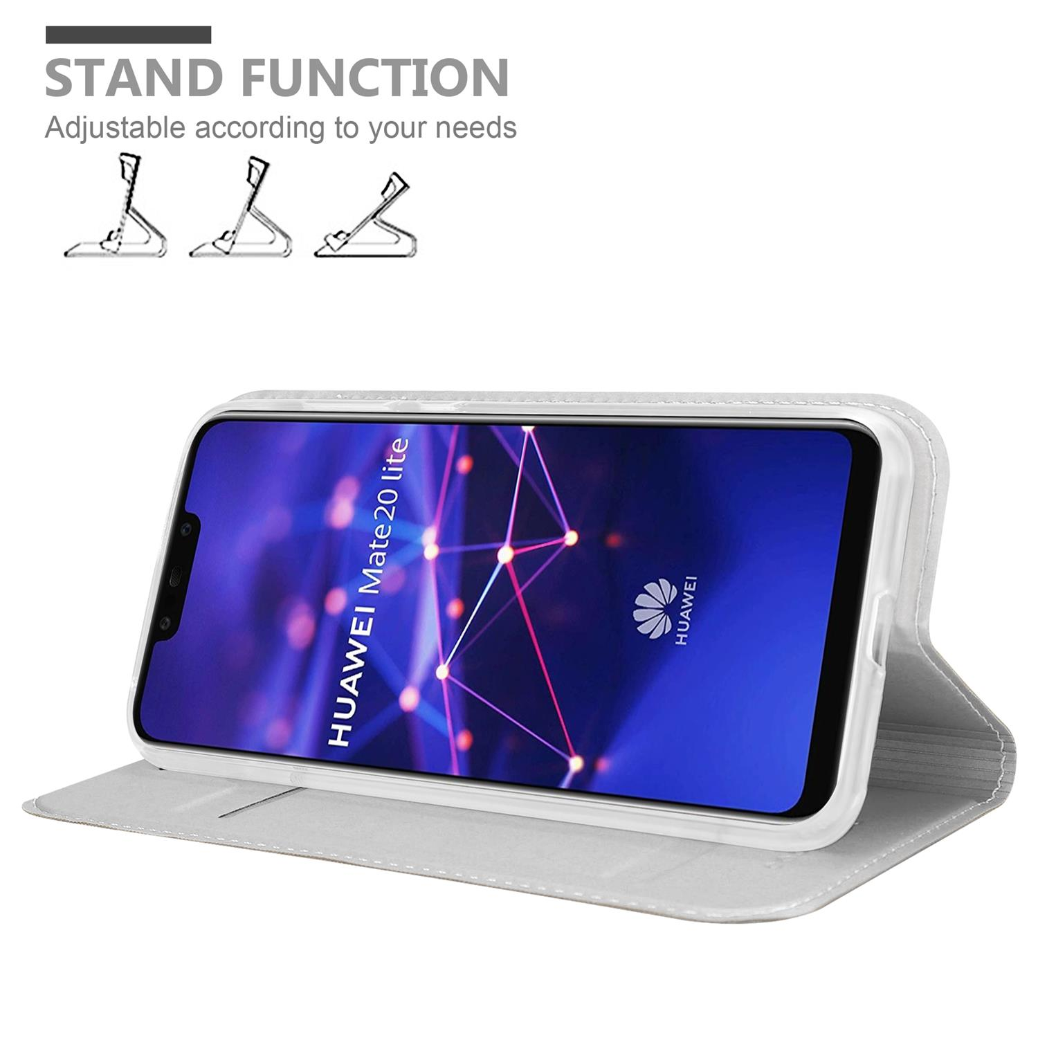 Handyhülle mit Standfunktion, verstellbar. Der Telefonbildschirm zeigt eine App mit weißem Hintergrund.
