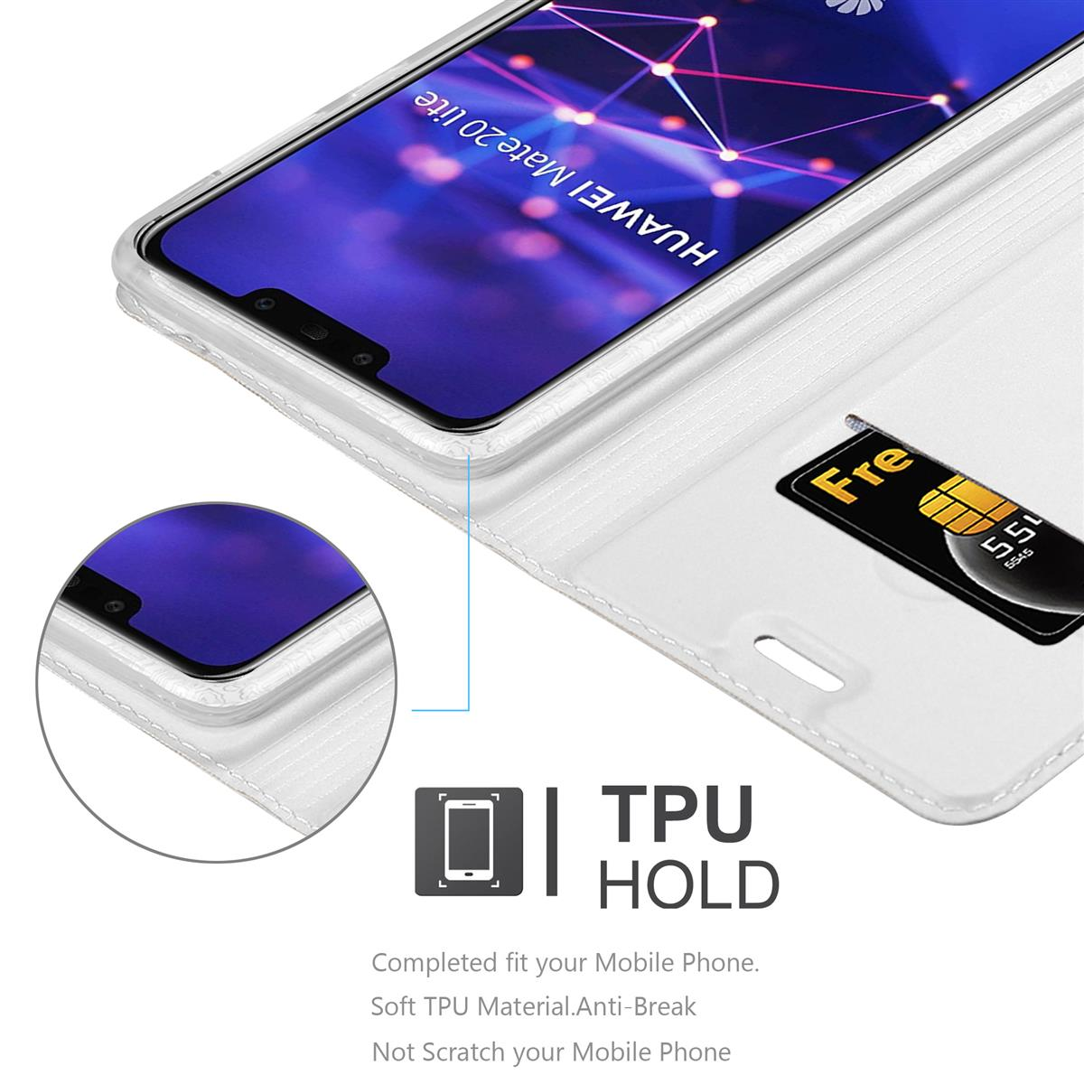 Weiße Handyhülle mit Telefon. SIM-Karte sichtbar. Text: TPU HOLD.