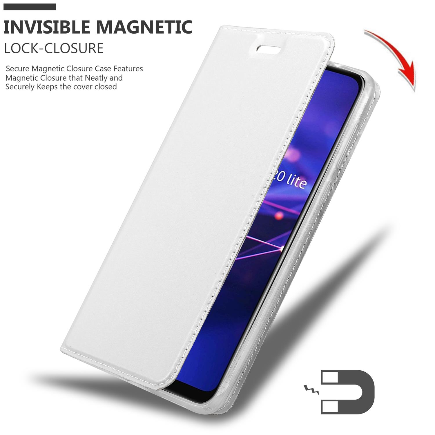 Weiße Handyhülle offen, zeigt Telefonbildschirm. Text auf der Hülle: Invisible Magnetic Lock-Closure. Ein Magnet wird gezeigt.