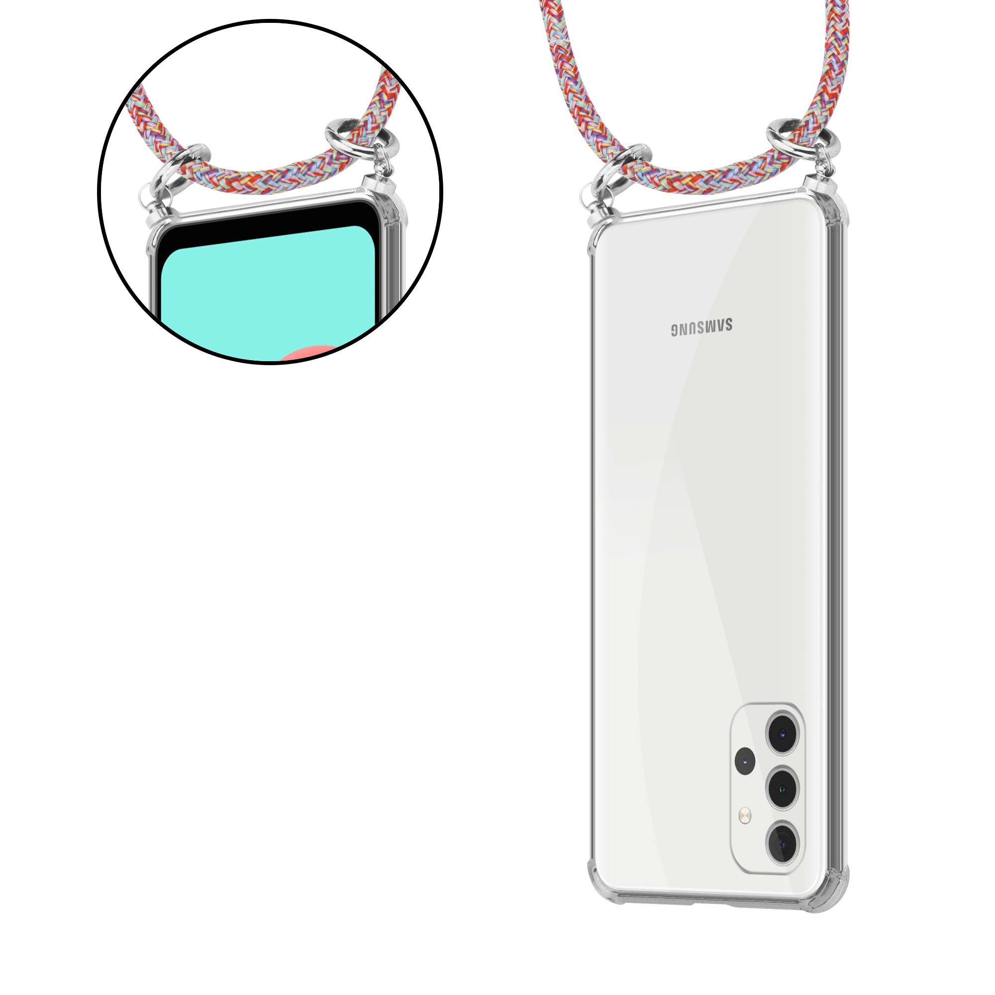 Eine transparente Handyhülle an einem bunten Schlüsselband, das Telefon ist am Schlüsselband befestigt.