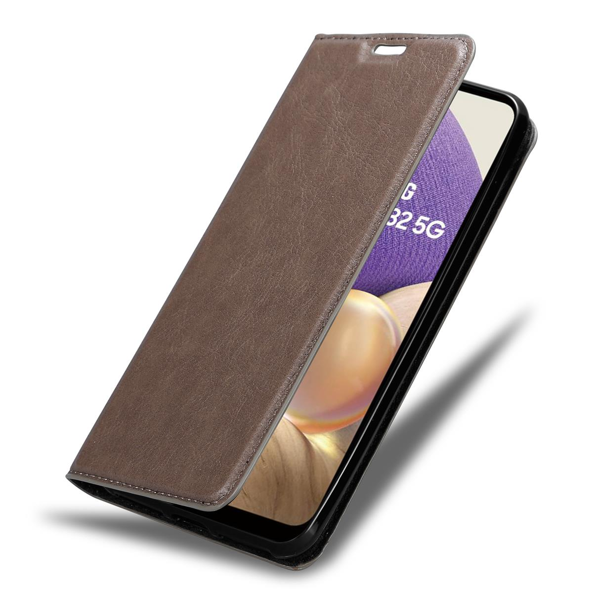 Braune Leder-Handyhülle, Telefon teilweise sichtbar. Geöffnet, um Telefon zu zeigen.