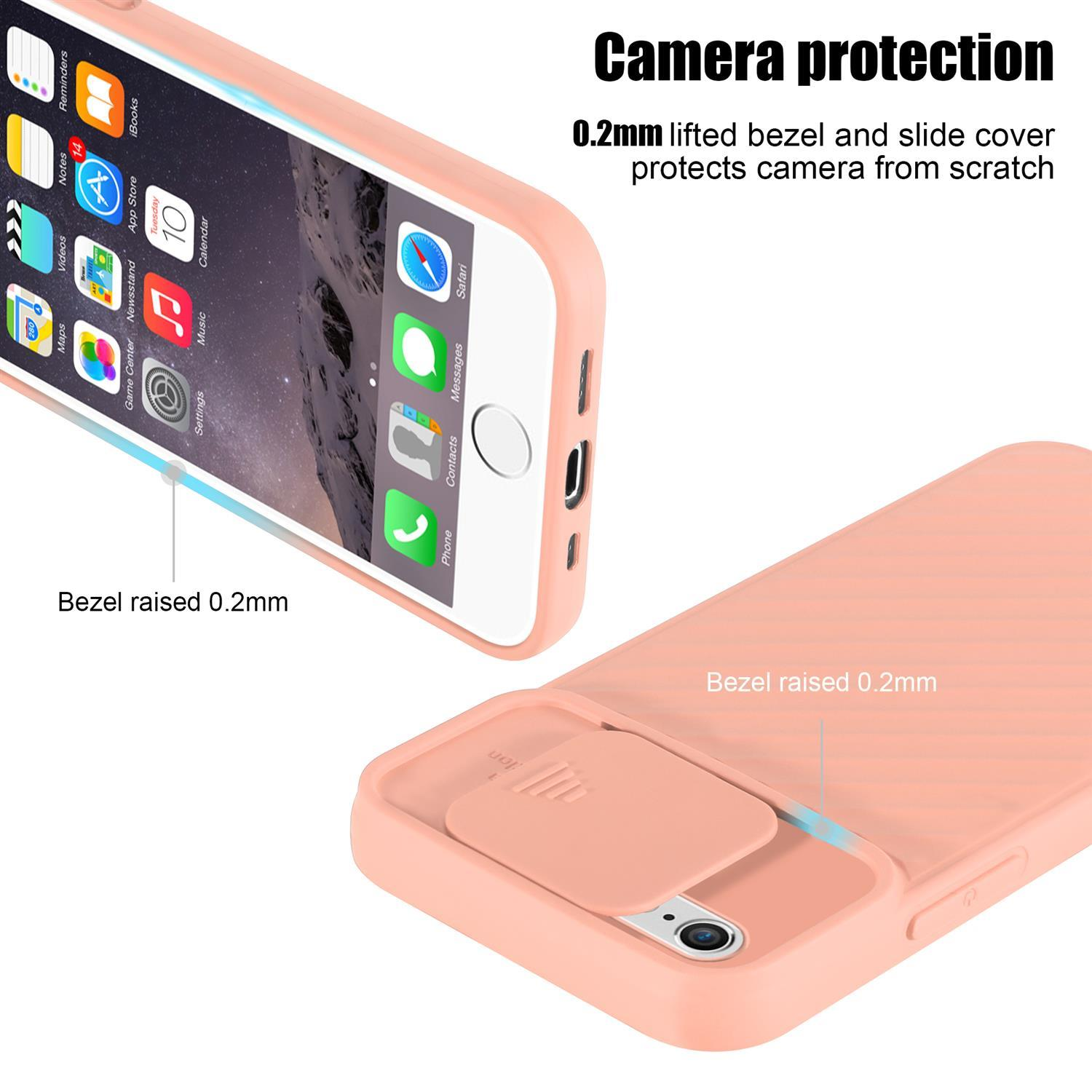 iPhone in rosa Hülle mit Kameraabdeckung. Die Hülle ist 0,2 mm erhöht zum Schutz des Telefons.