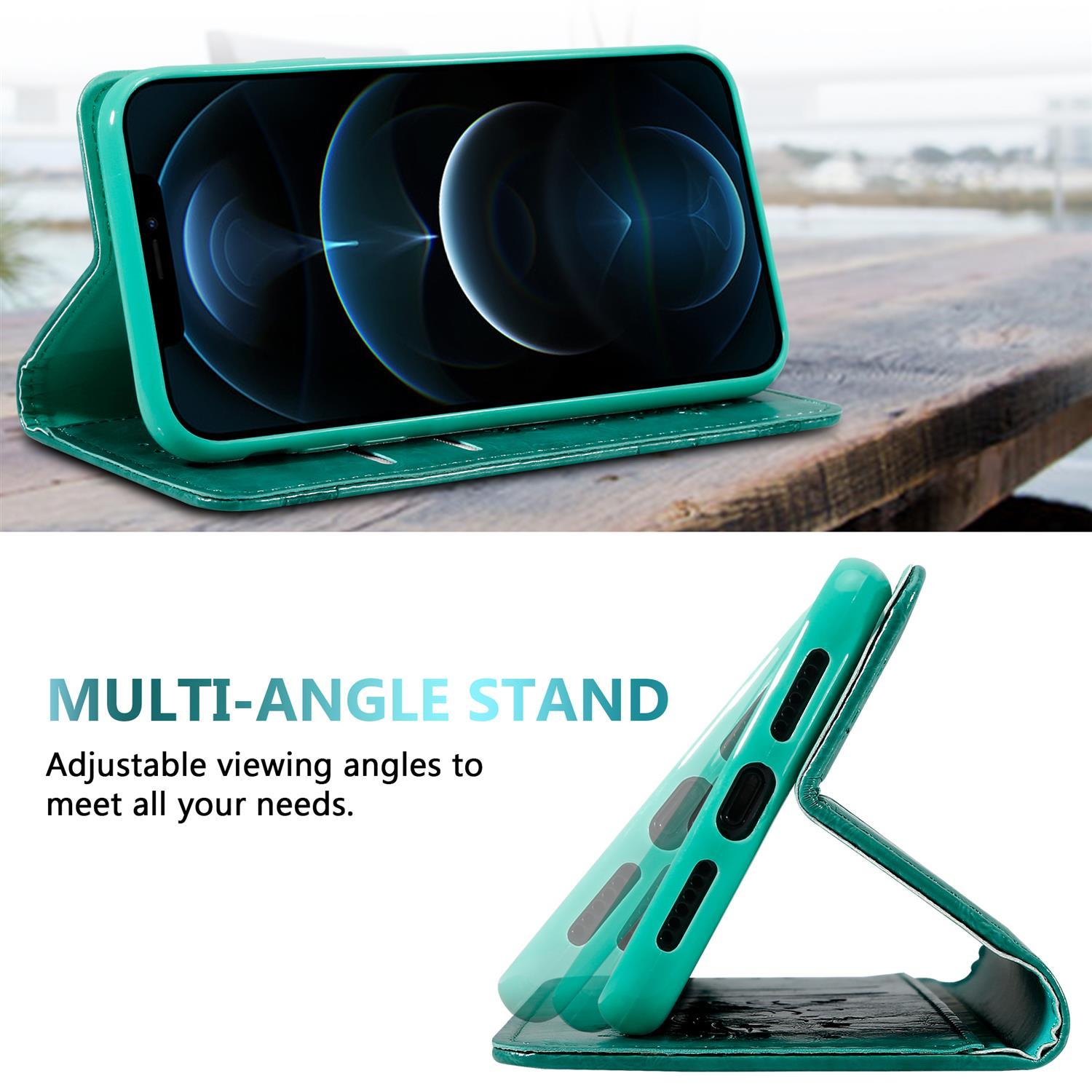 Telefono in una custodia verde, con funzione stand. In un sfondo di tavolo di legno.