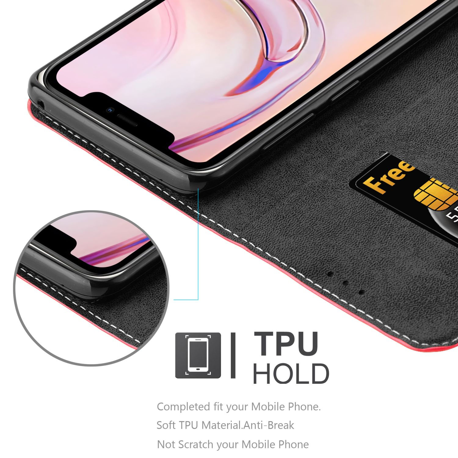 Eine schwarze Handyhülle mit einem Telefon und einem Kreditkartenfach. Rote Nähte sichtbar.