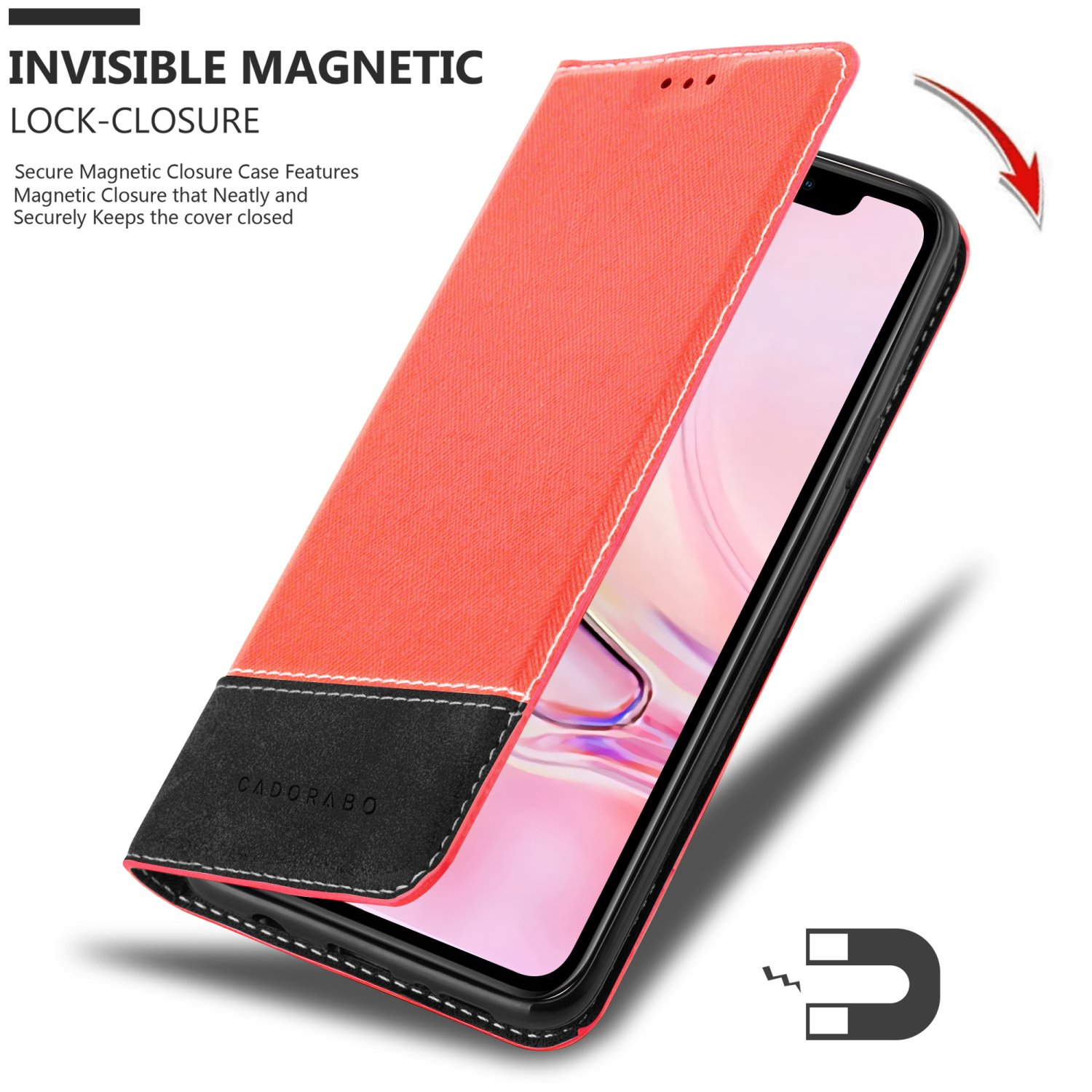 Rote Handyhülle mit schwarzer Basis, geöffnet. Text: INVISIBLE MAGNETIC LOCK-CLOSURE. Magnet-Symbol.