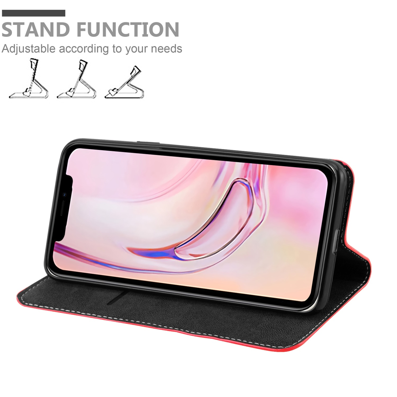 Ein Telefon in einer Hülle, offen. Text: STAND FUNKTION, Anpassbar an Ihre Bedürfnisse. Symbole zeigen verschiedene Ständepositionen.