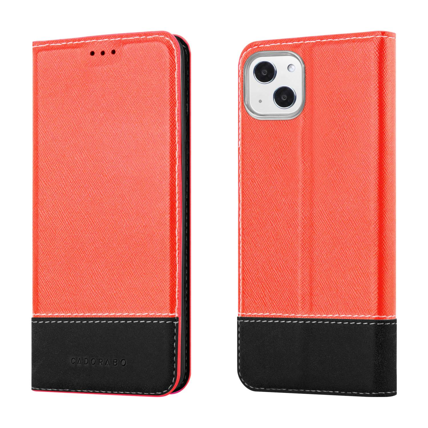 Geöffnete Handyhülle mit rotem und schwarzem Design, die ein Telefon zeigt.