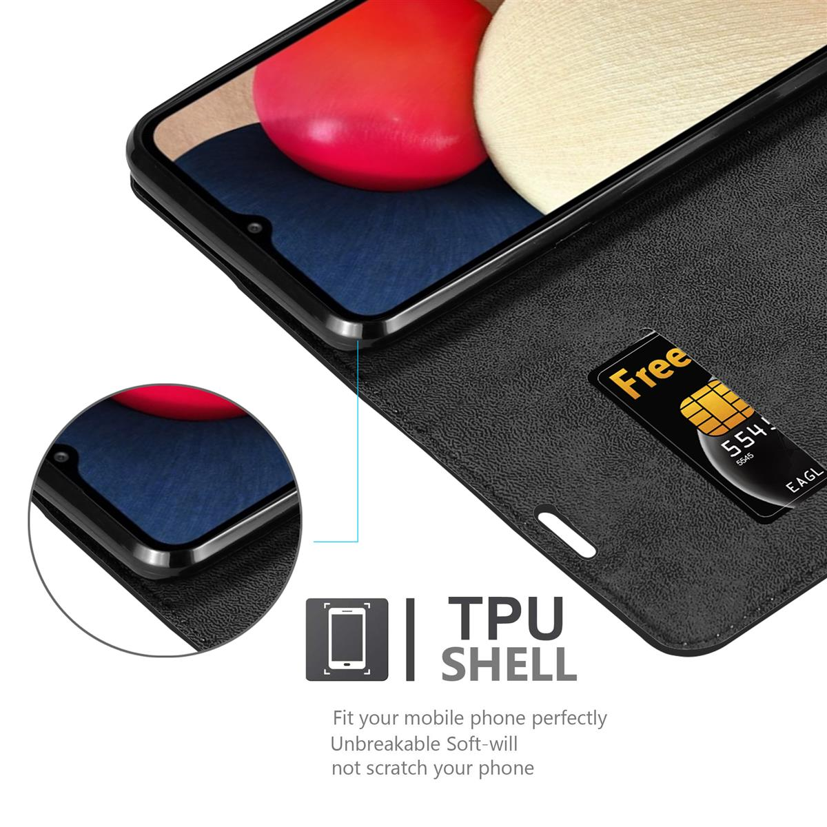 Eine schwarze Handyhülle mit Kreditkarte und Telefon, mit TPU-Shell-Text.