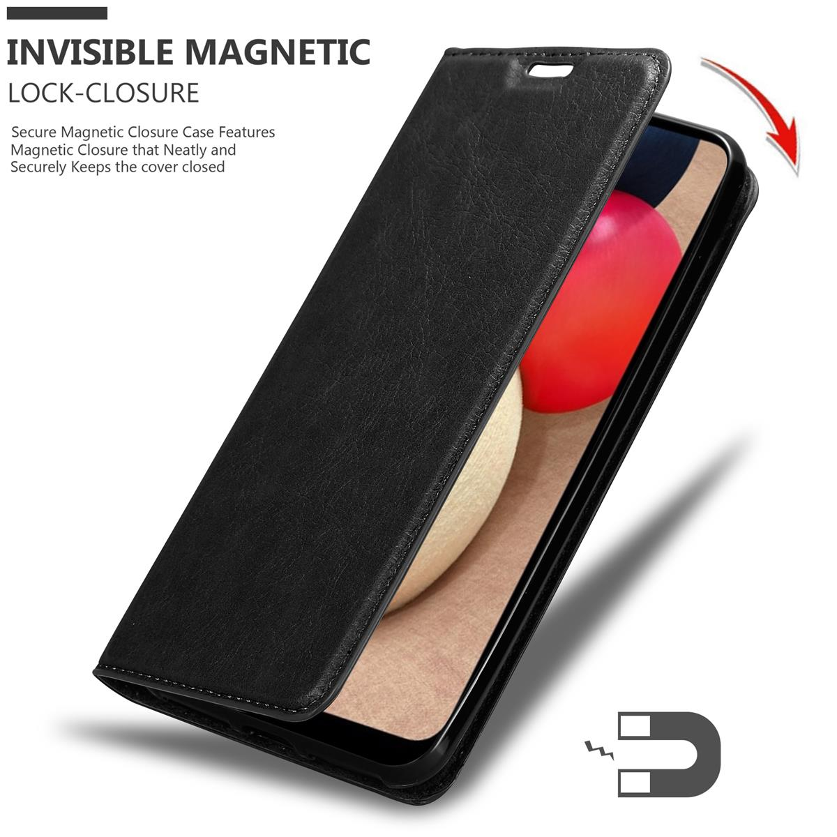 Schwarze Handyhülle geöffnet, Telefon mit rotem und beigem Rücken, Magnetsymbol und Text über Magnetverschluss.