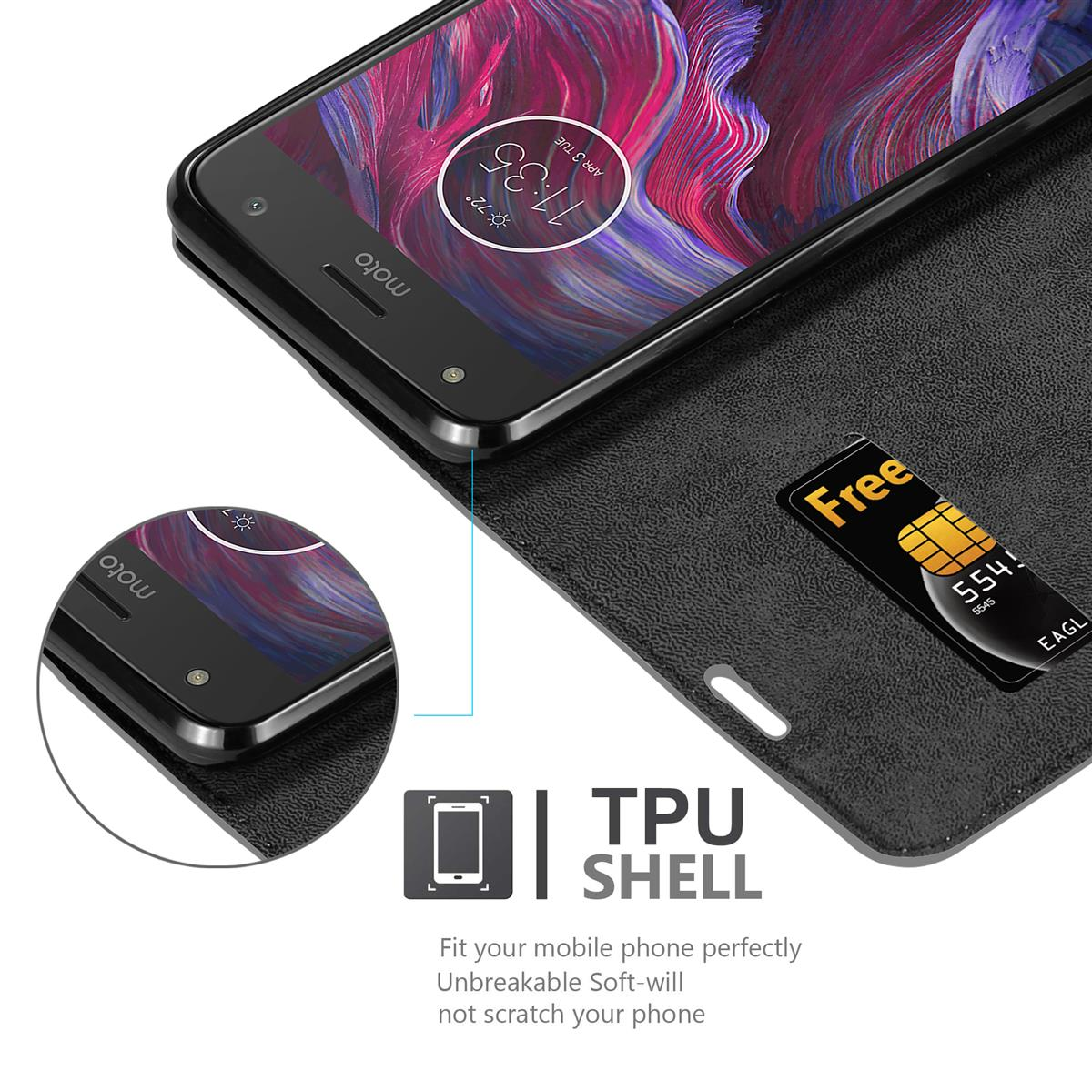 Ein Telefon in einer schwarzen TPU-Schalenhülle mit SIM-Karte. Es zeigt Schutz.