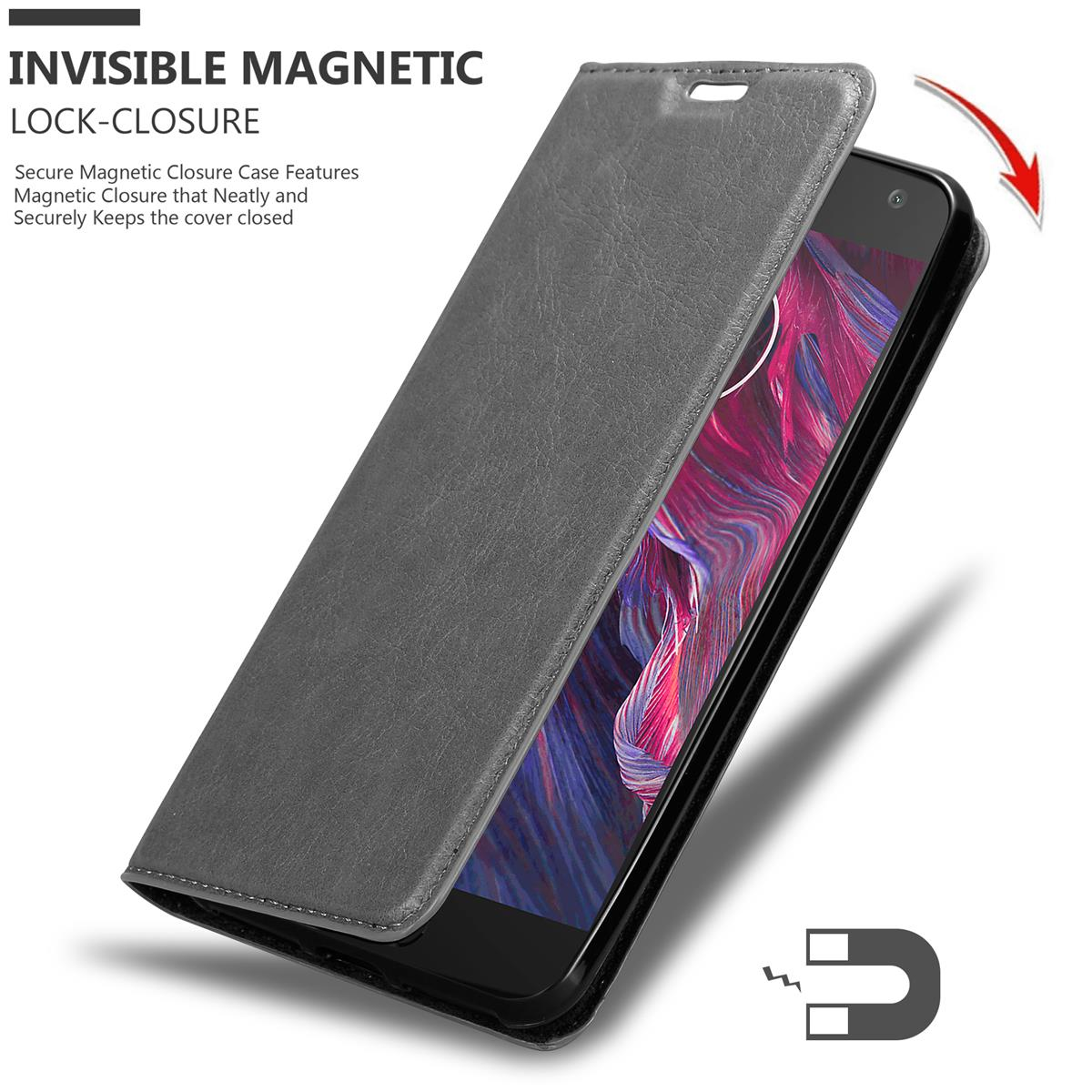 Graue Handyhülle mit Telefon, Magnetverschluss sichtbar.